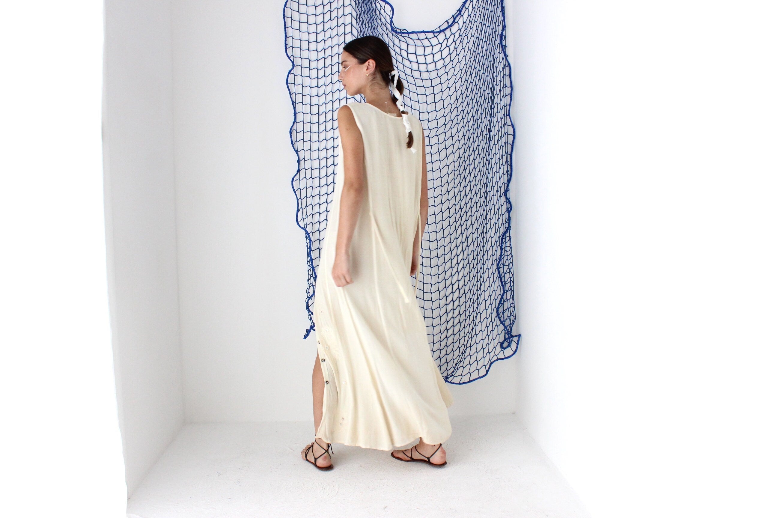 FOUND IN GREECE 90s Gauze Relaxed Button Front Dress w/ Mirror Embellishment