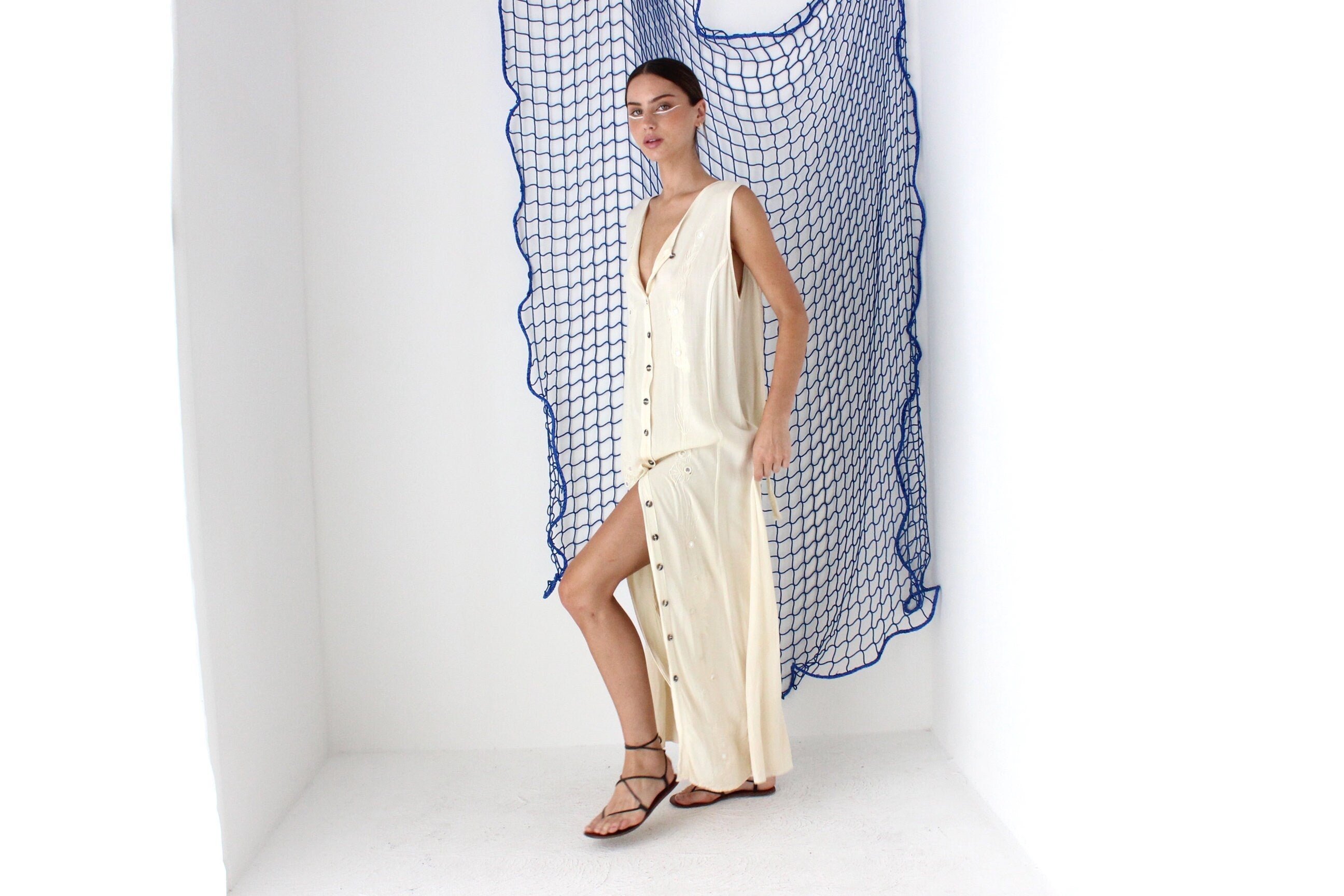 FOUND IN GREECE 90s Gauze Relaxed Button Front Dress w/ Mirror Embellishment