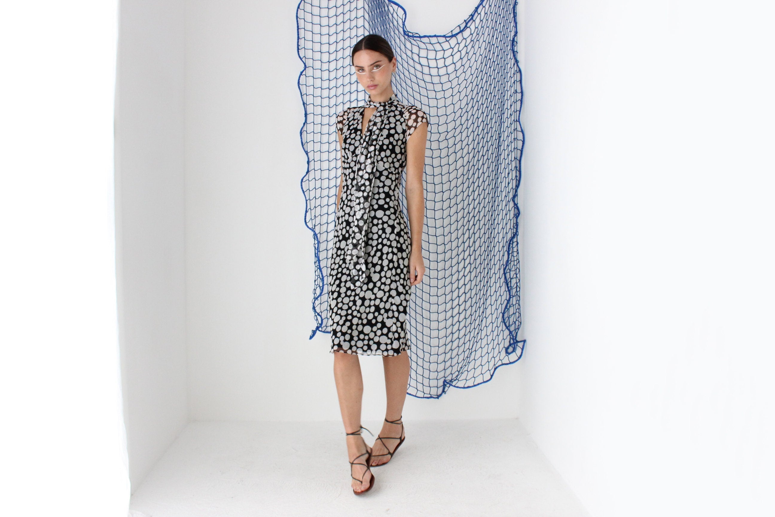 FOUND IN GREECE Y2K Pure Silk Flirty Polka Dot + Tie Neck Dress