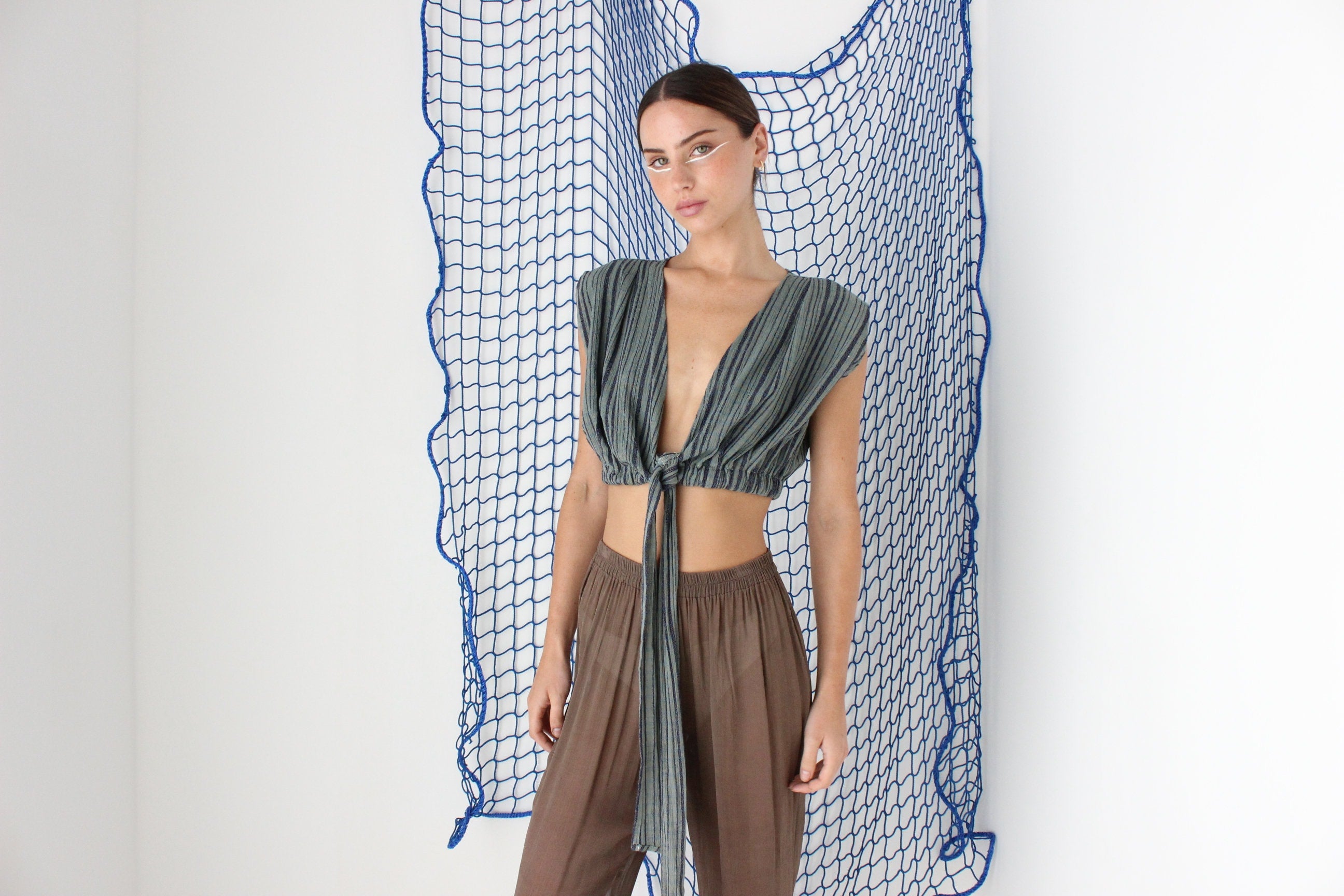 MADE IN GREECE 90s Cotton Gauze Tie Front Crop Top