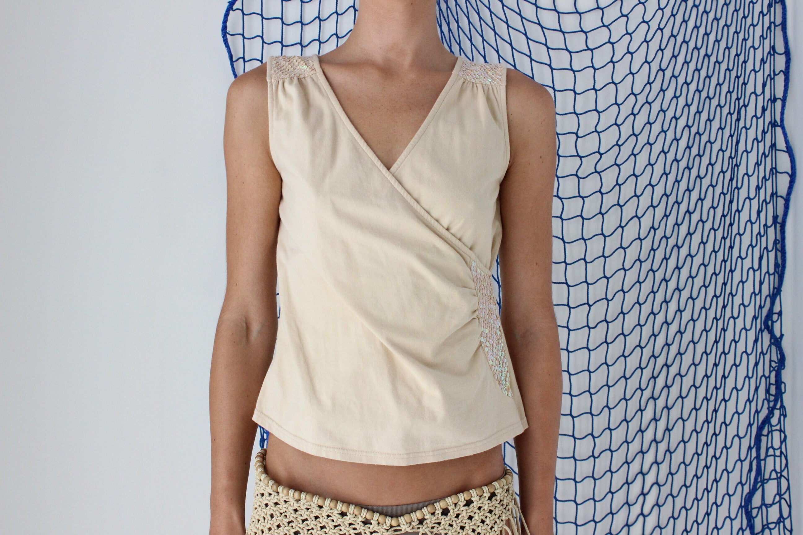 FOUND IN GREECE Y2K Cream Beige Cotton V Neck "Wrap" Top