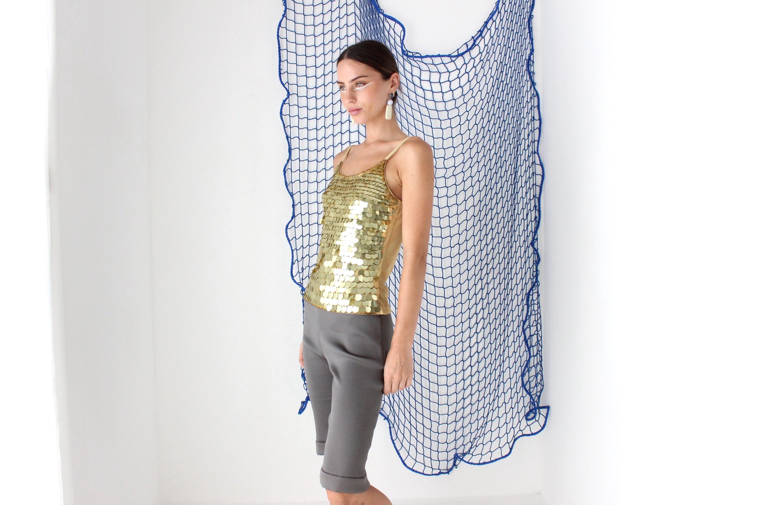 FOUND IN GREECE Y2K Gold Pailette Disc Sequin Disco Tank