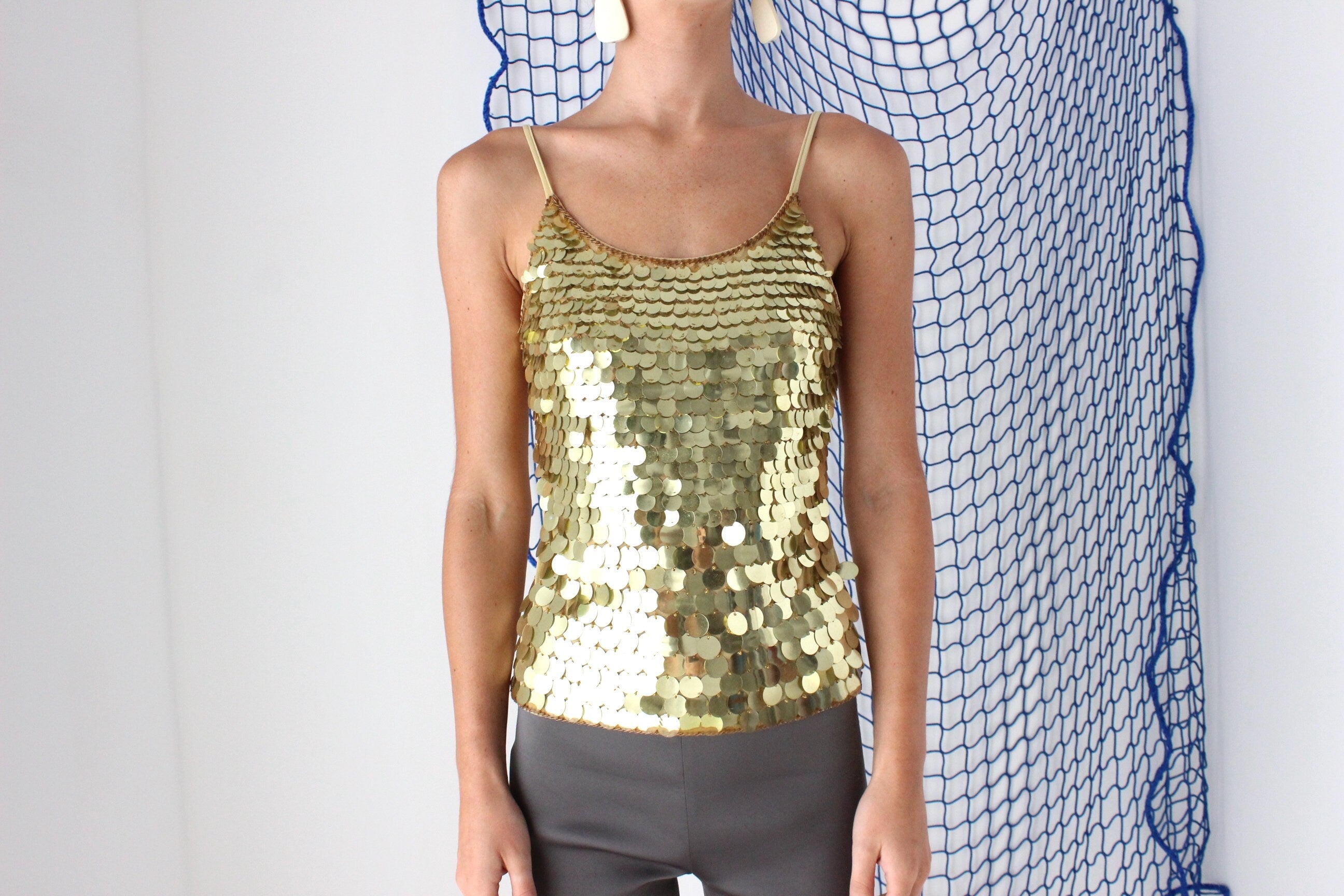 FOUND IN GREECE Y2K Gold Pailette Disc Sequin Disco Tank