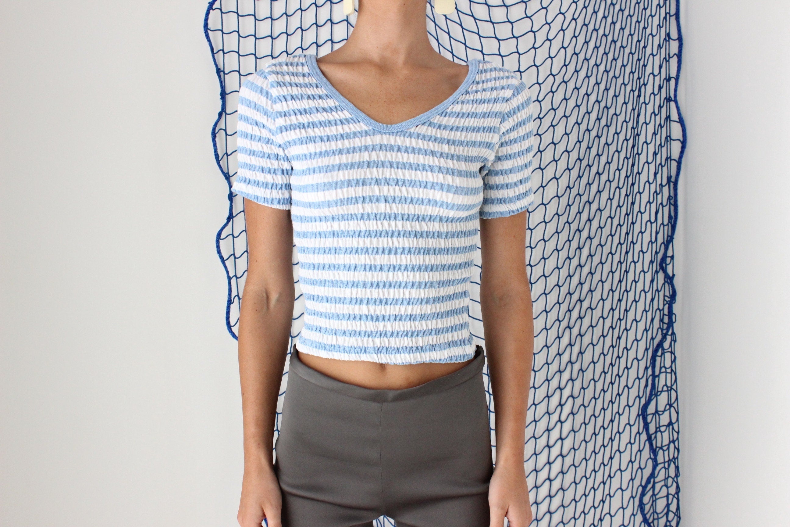 FOUND IN GREECE 80s Pastel Striped Shirred Popcorn Tee