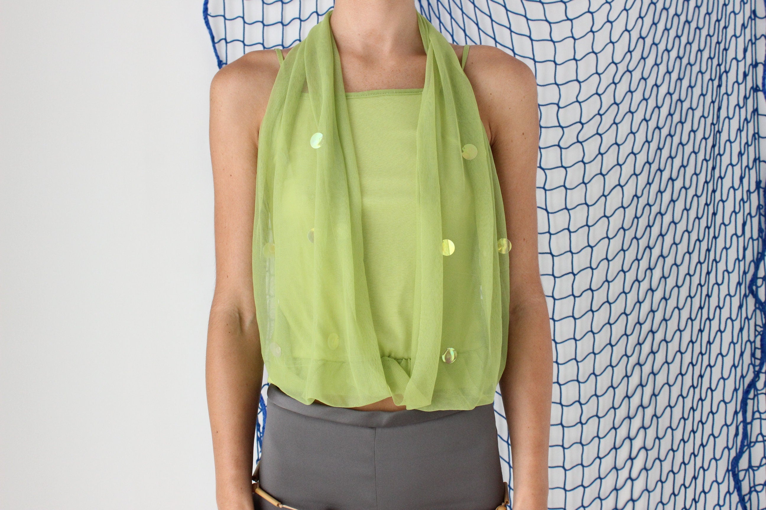 FOUND IN GREECE Y2K Lime Green Sheer Mesh & Sequin Hooded Top look
