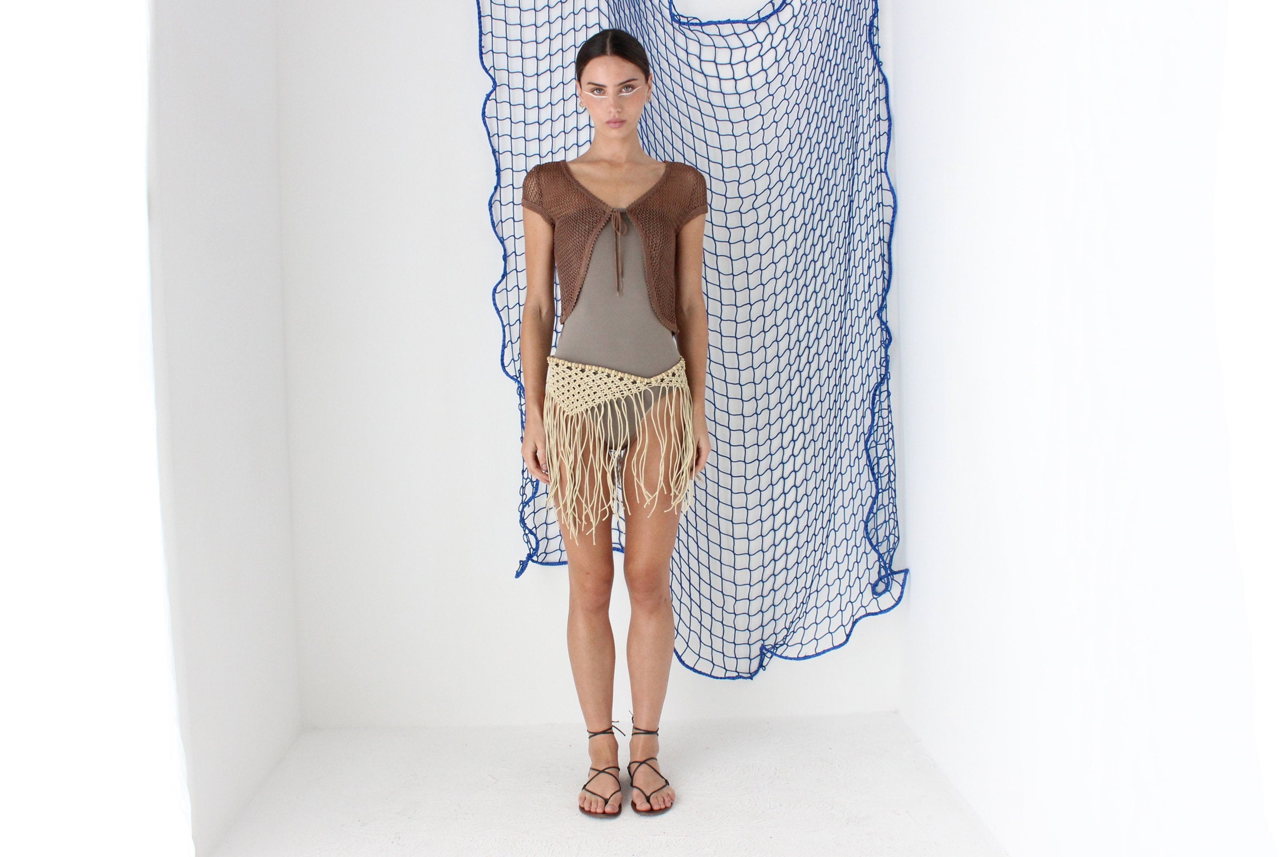 FOUND IN GREECE 70s Macrame & Wooden Beaded Fringe Rope Accessory
