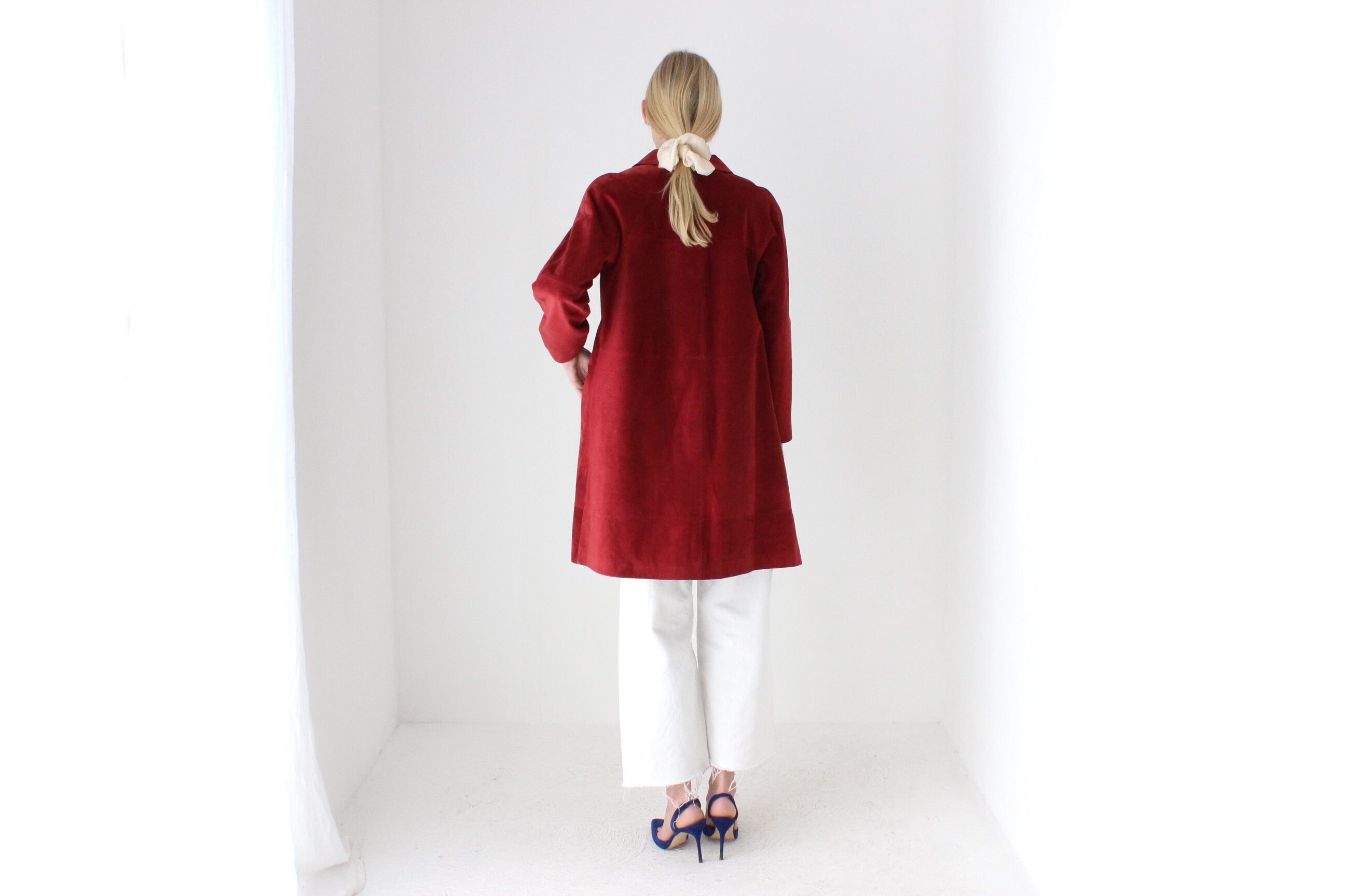 90s Burgundy Suede Long Line Button Up Swing Coat