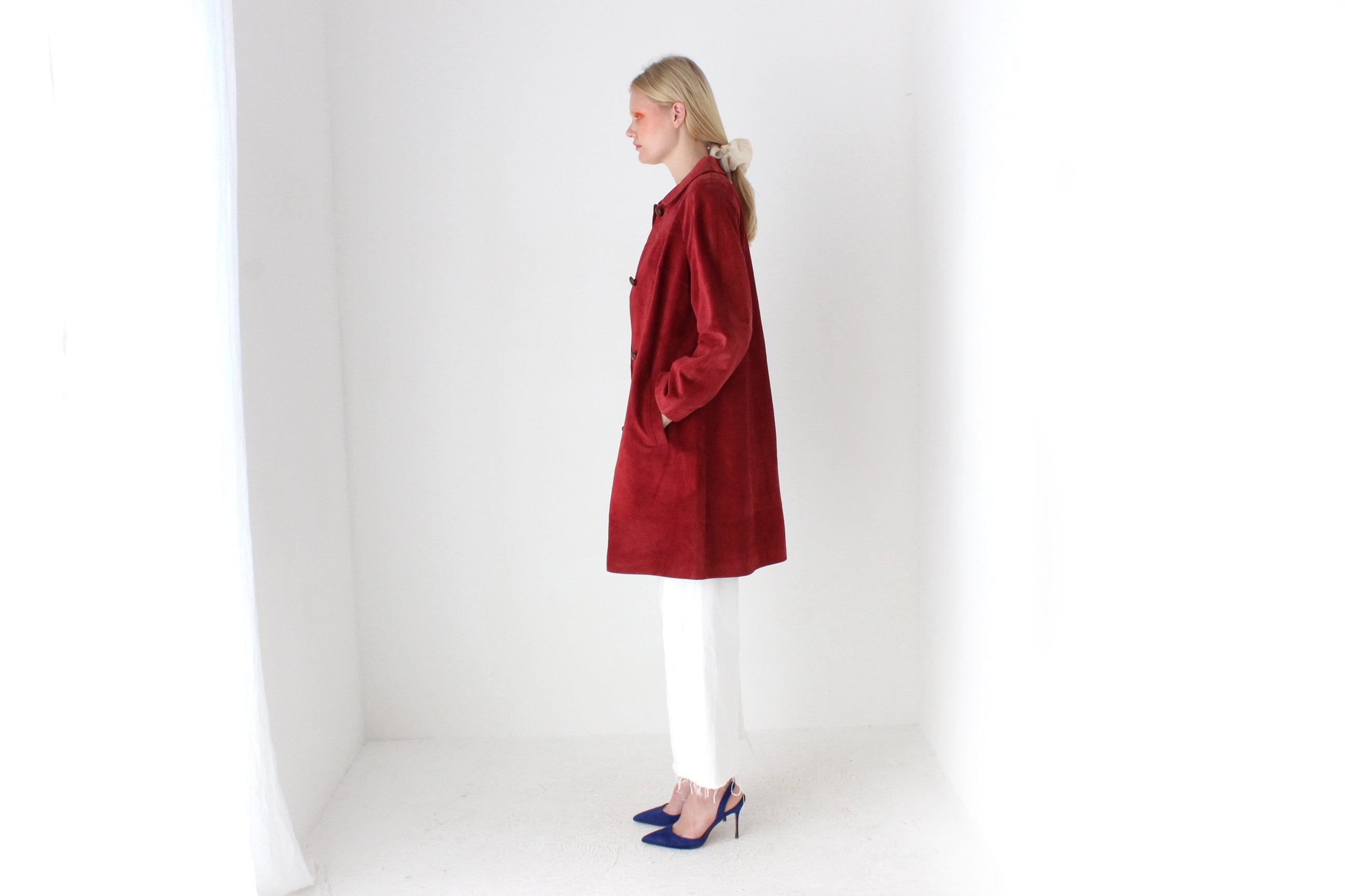 90s Burgundy Suede Long Line Button Up Swing Coat