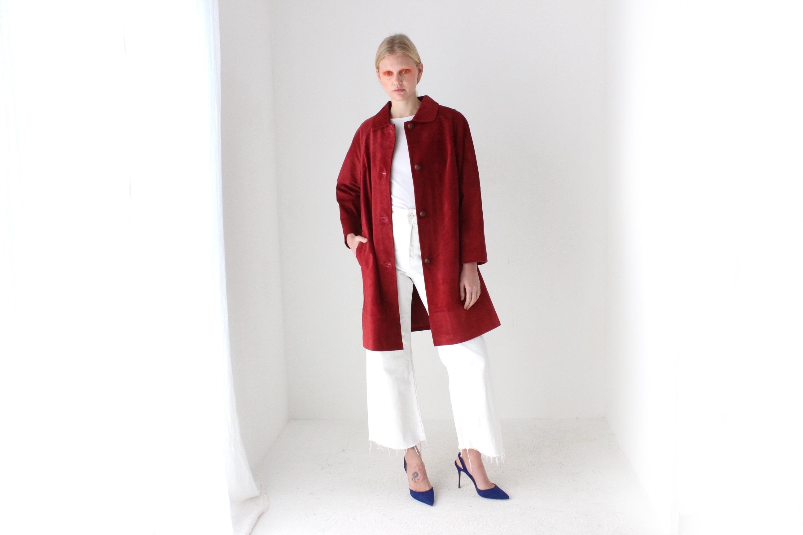 90s Burgundy Suede Long Line Button Up Swing Coat