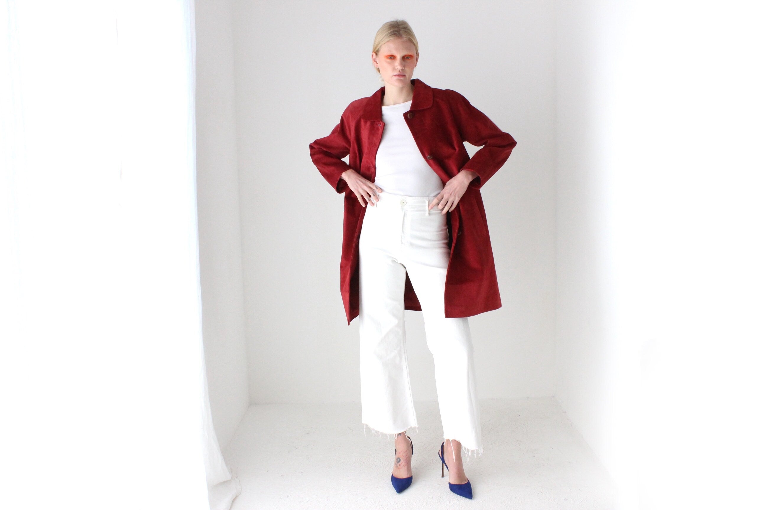 90s Burgundy Suede Long Line Button Up Swing Coat