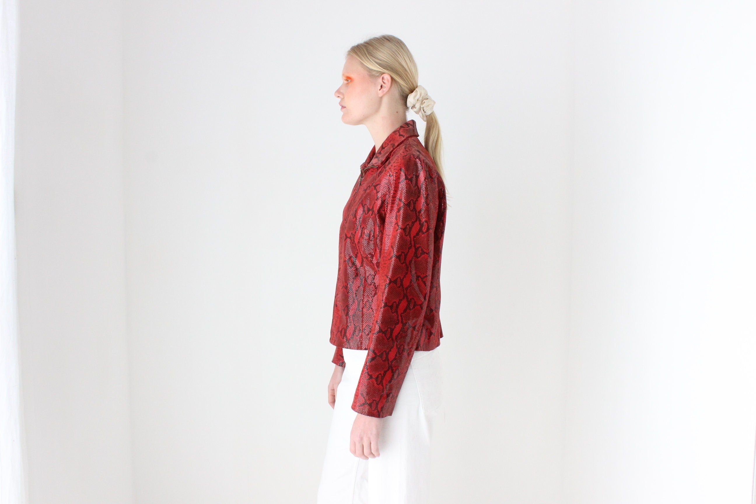 Y2K Genuine Leather Shiny Snakeskin Zip Up Bomber Jacket