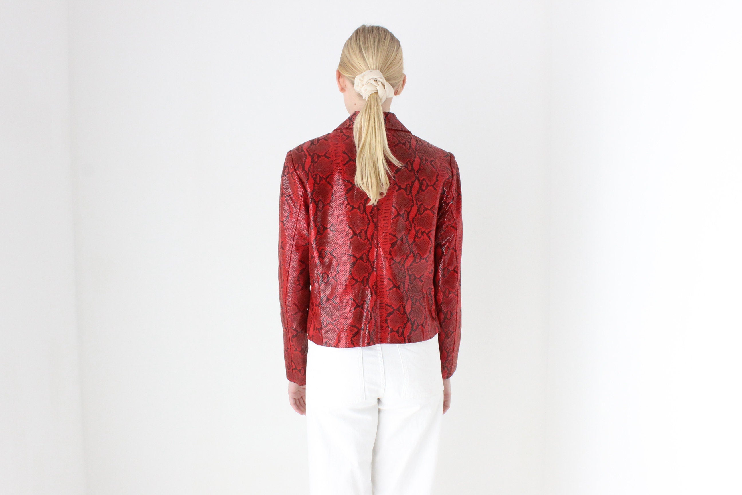 Y2K Genuine Leather Shiny Snakeskin Zip Up Bomber Jacket