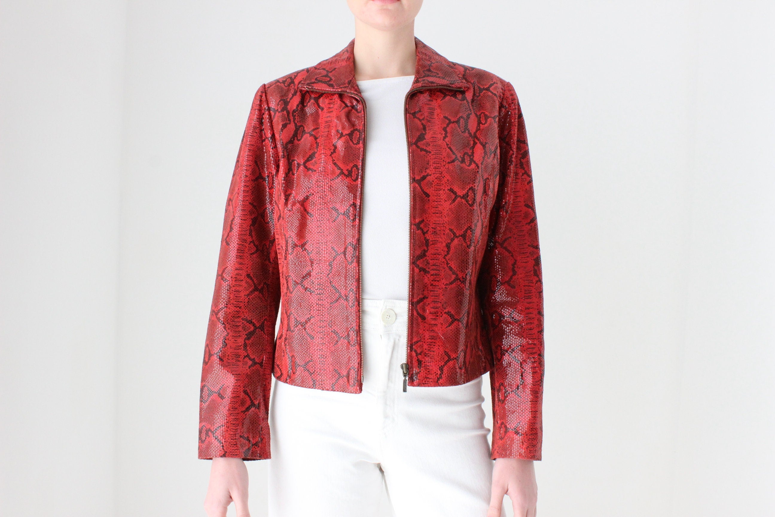 Y2K Genuine Leather Shiny Snakeskin Zip Up Bomber Jacket