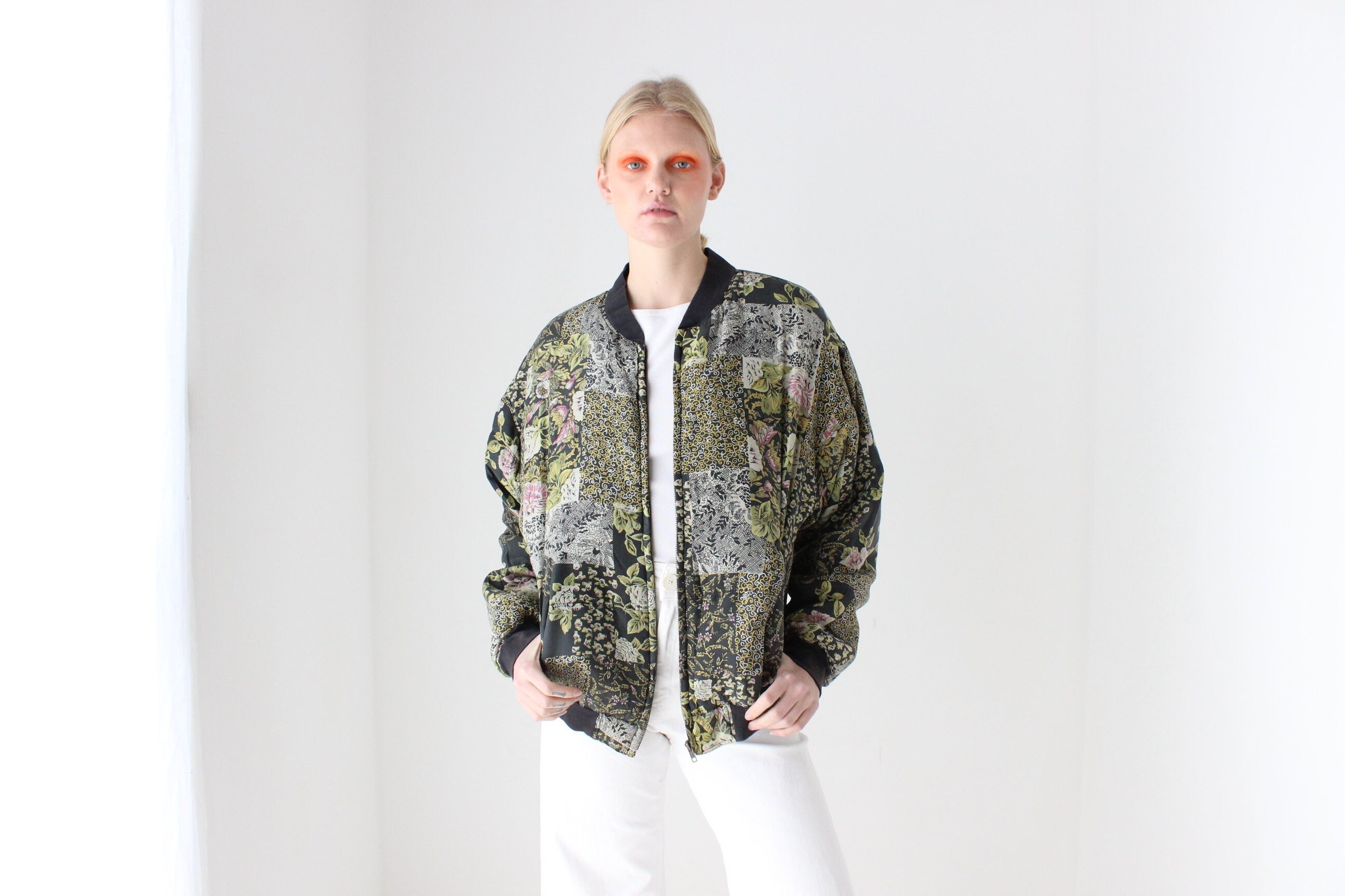 80s Pure Silk Floral Print Quilted Bomber Jacket