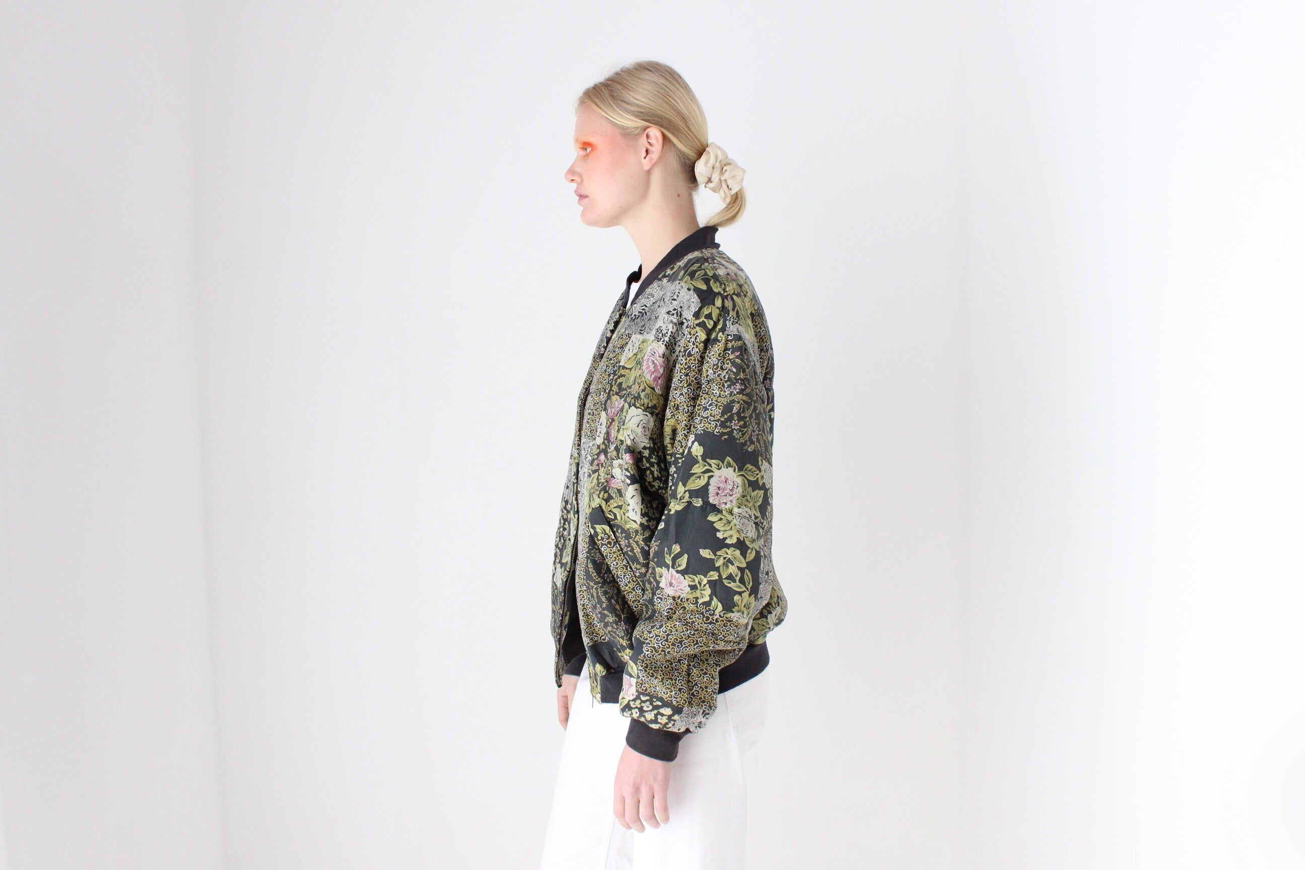 80s Pure Silk Floral Print Quilted Bomber Jacket