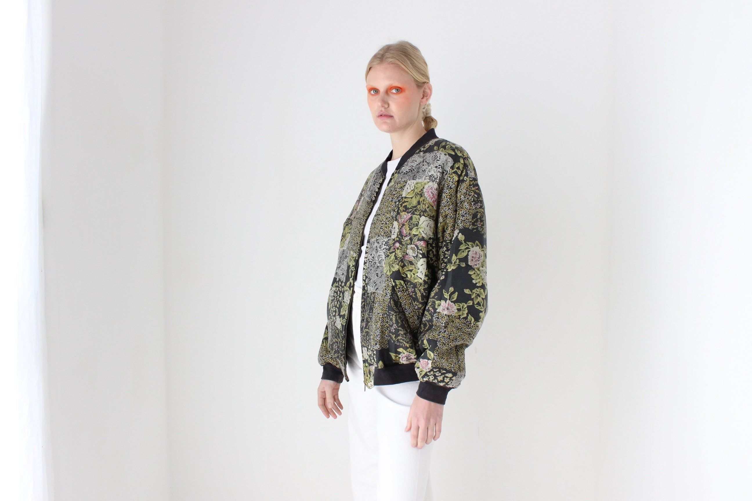 80s Pure Silk Floral Print Quilted Bomber Jacket