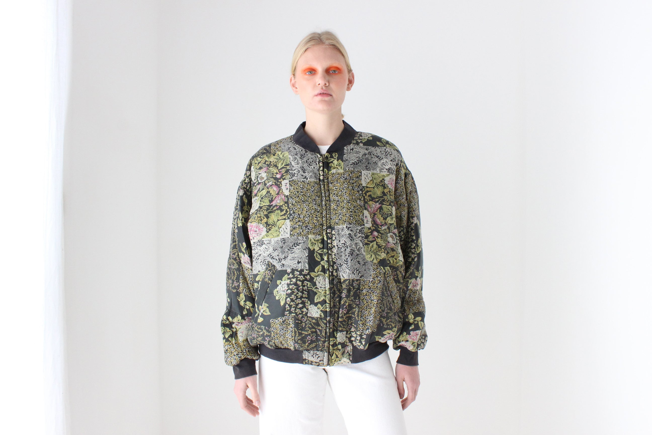 80s Pure Silk Floral Print Quilted Bomber Jacket