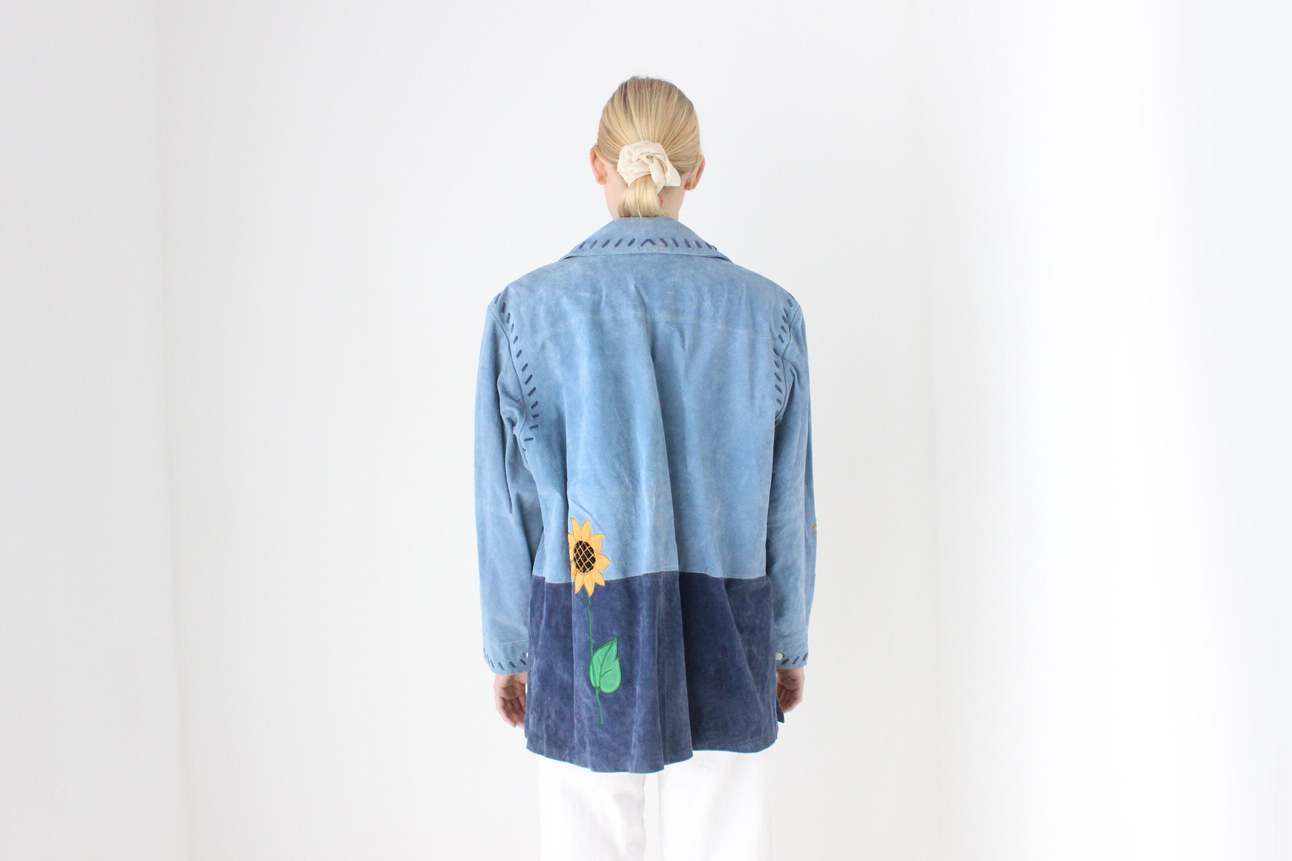 90s Suede Sunflower Patchwork Oversized Zip Front XL Jacket