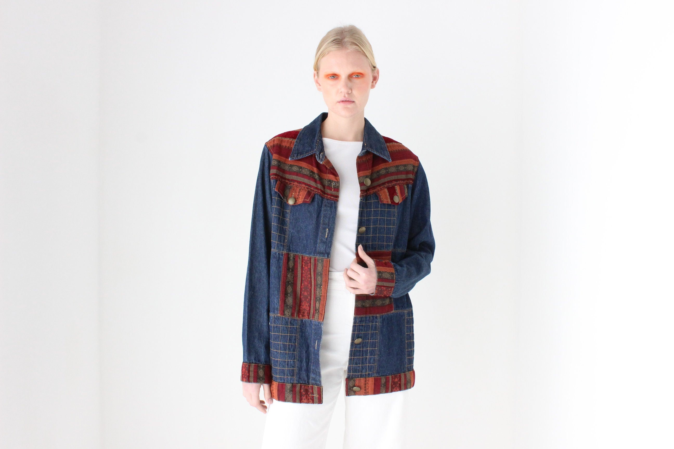 Vintage 90s Woven Patchwork Denim Jacket