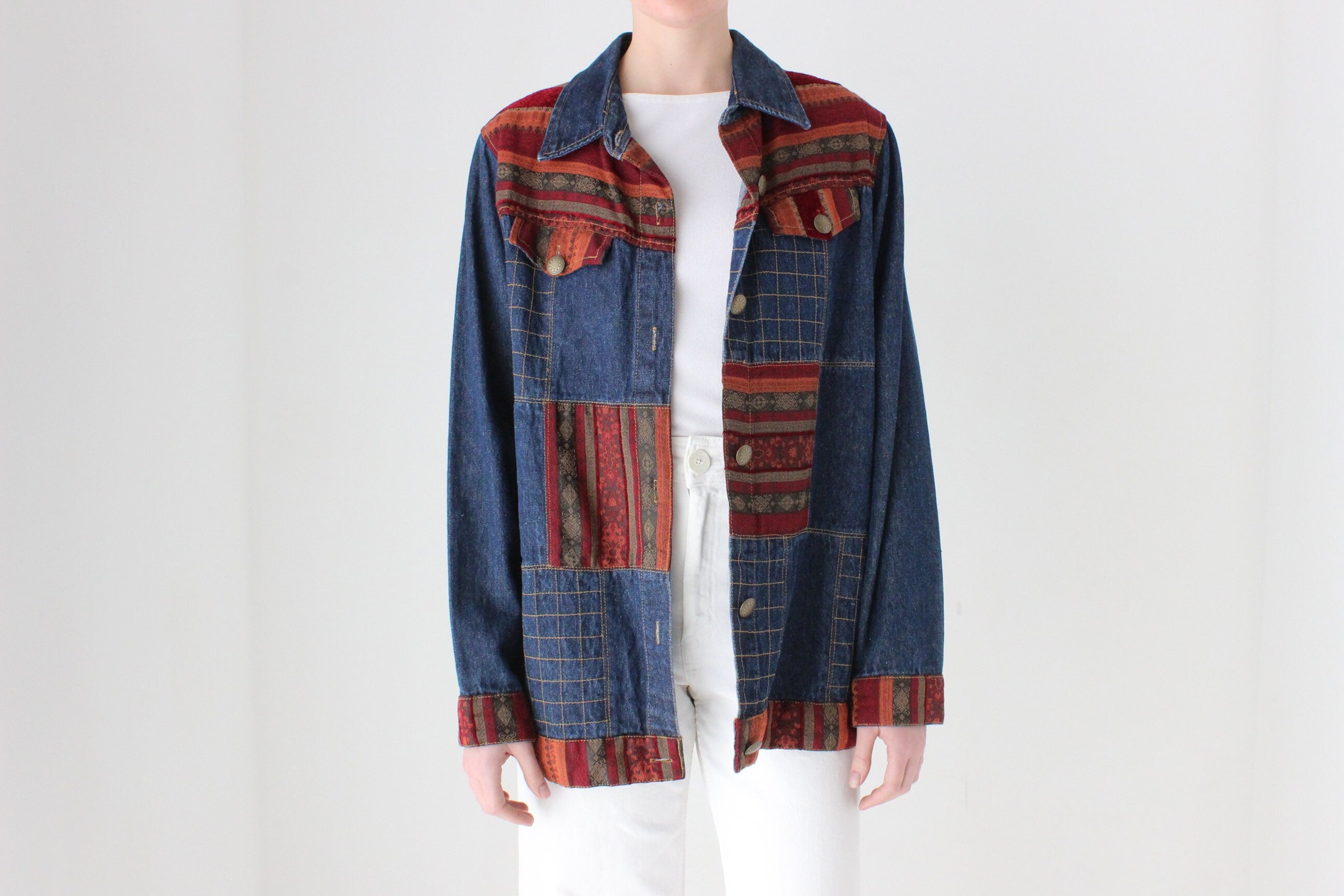 Vintage 90s Woven Patchwork Denim Jacket