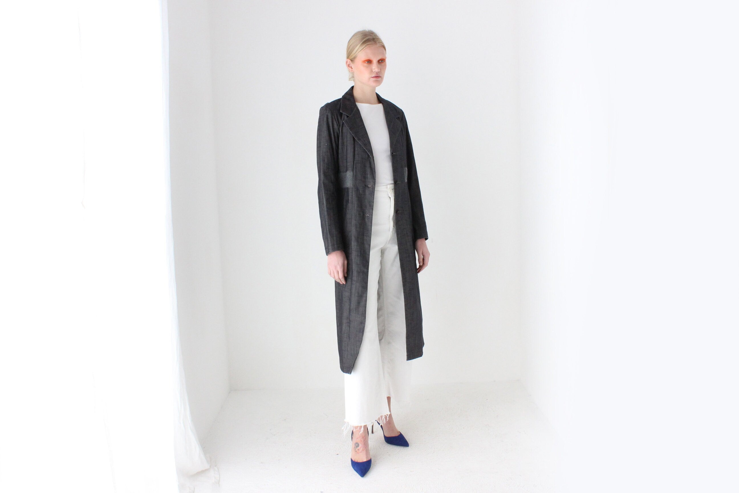 Y2K Techno / Rave Grey Blue Denim Trench Coat