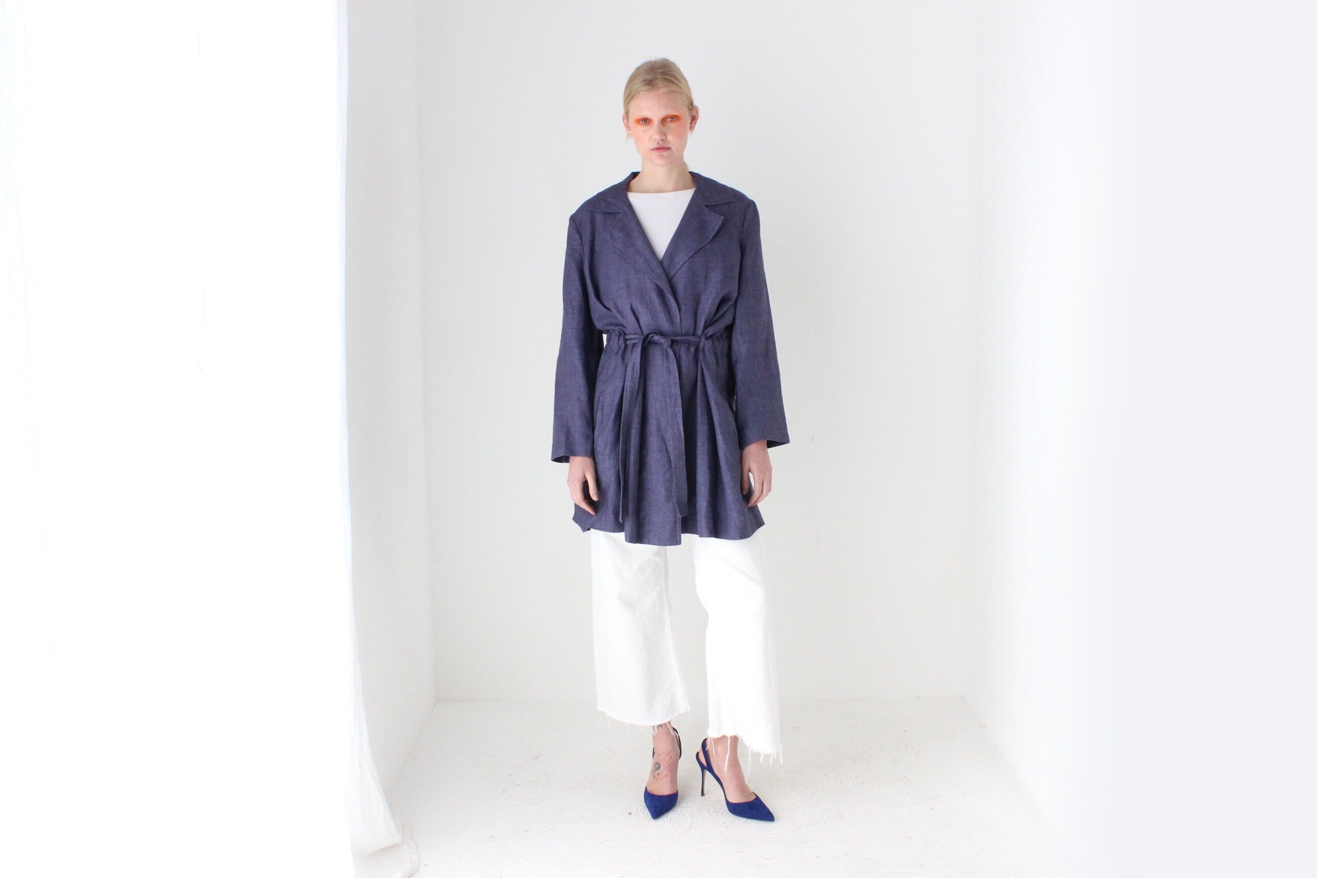2000s Pure Linen Relaxed Slouchy Belted Trench