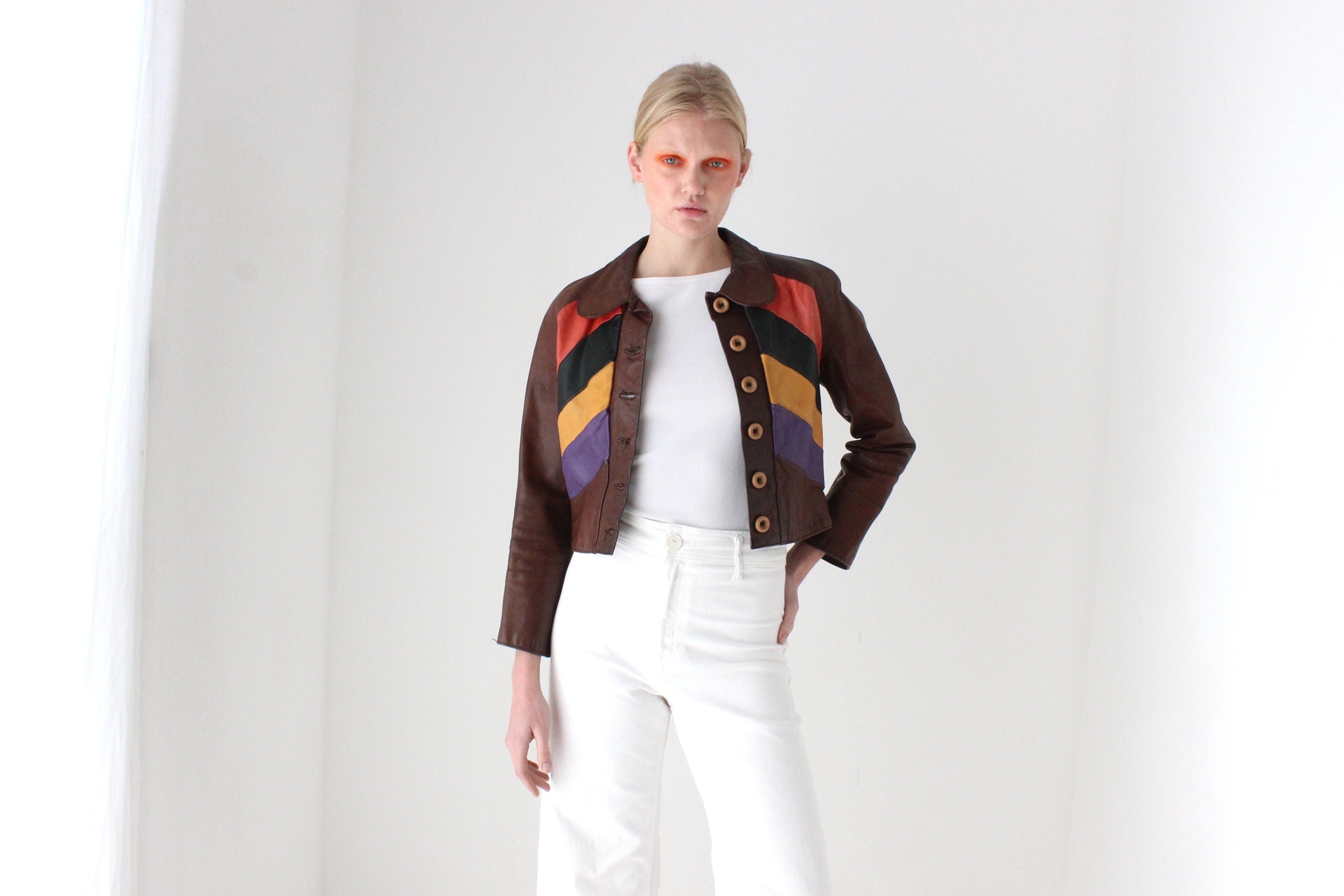 True 1970s One of a Kind Rainbow Leather Cropped Jacket