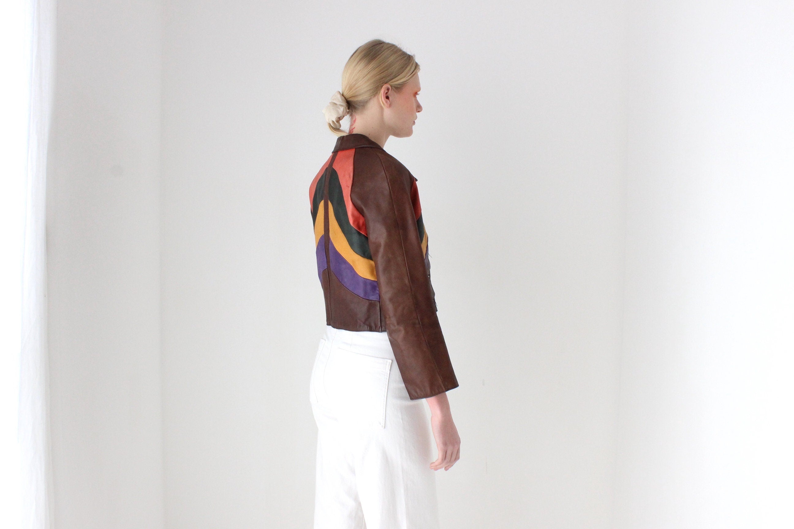 True 1970s One of a Kind Rainbow Leather Cropped Jacket