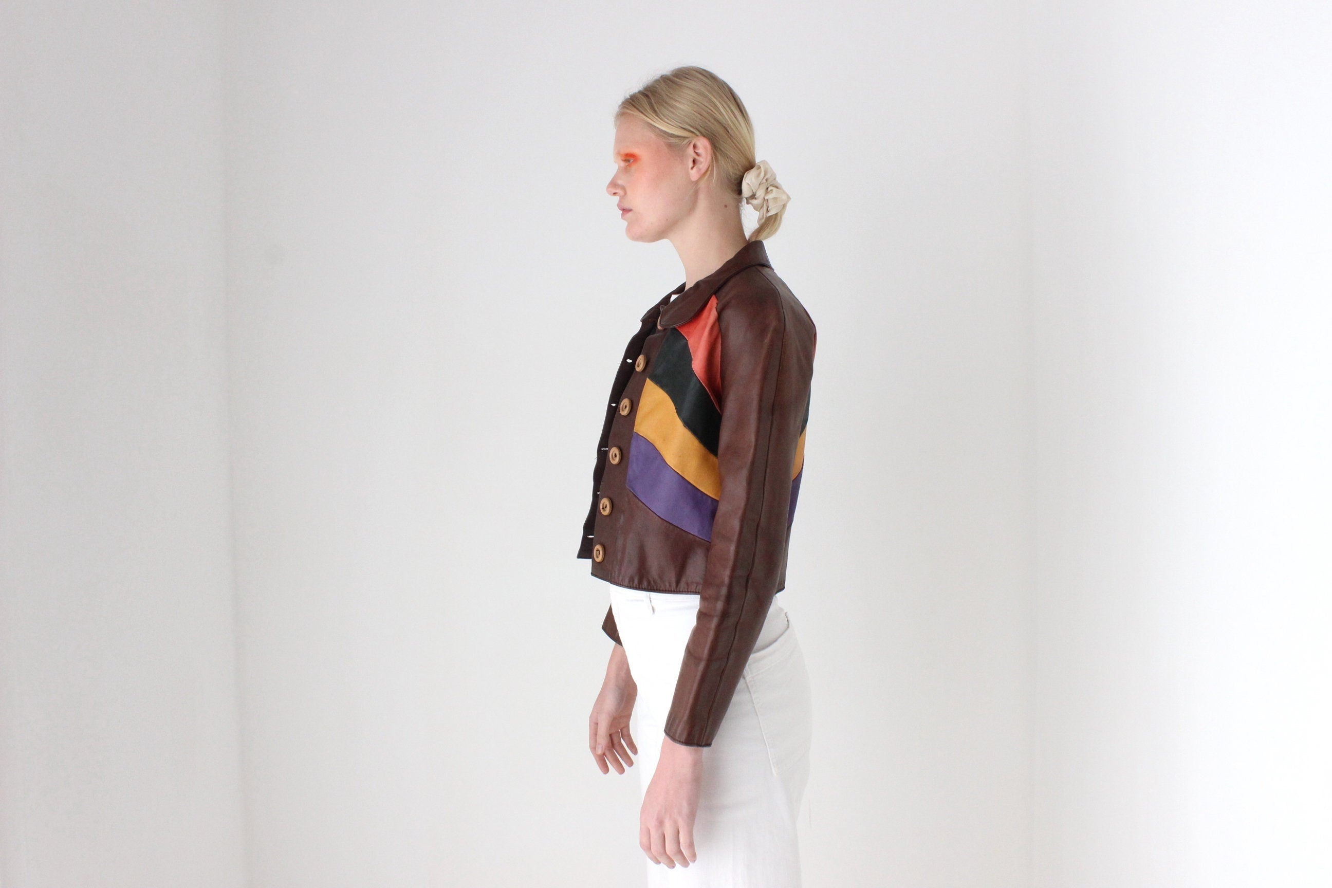 True 1970s One of a Kind Rainbow Leather Cropped Jacket