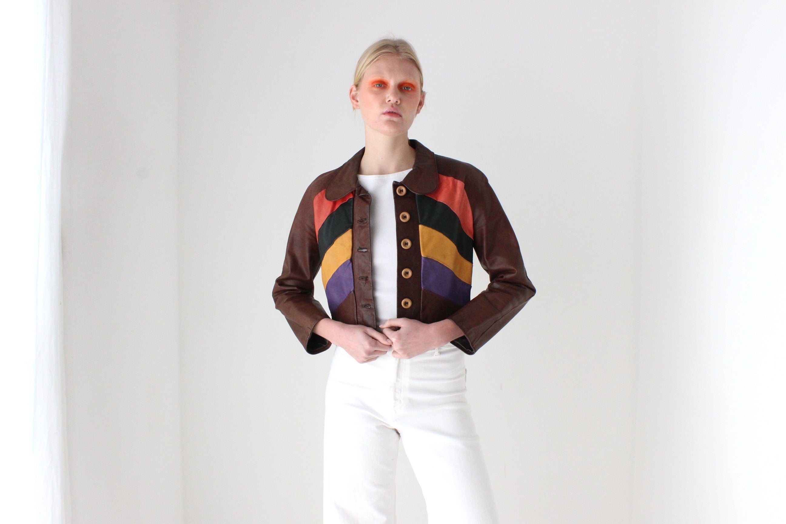 True 1970s One of a Kind Rainbow Leather Cropped Jacket
