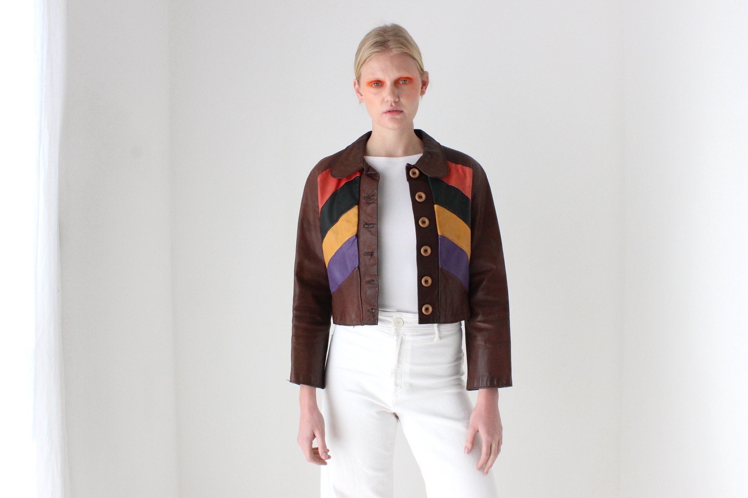 True 1970s One of a Kind Rainbow Leather Cropped Jacket