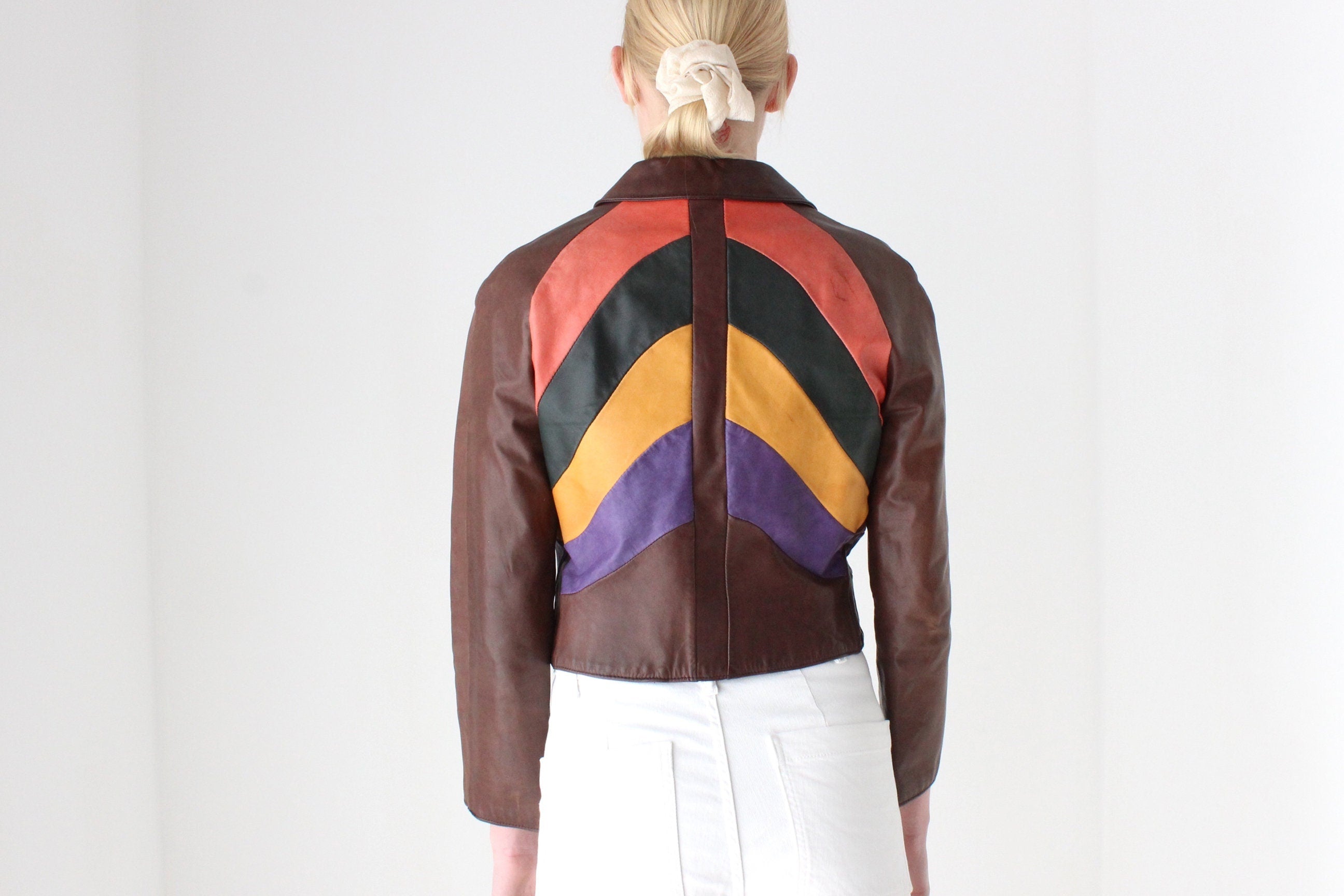 True 1970s One of a Kind Rainbow Leather Cropped Jacket