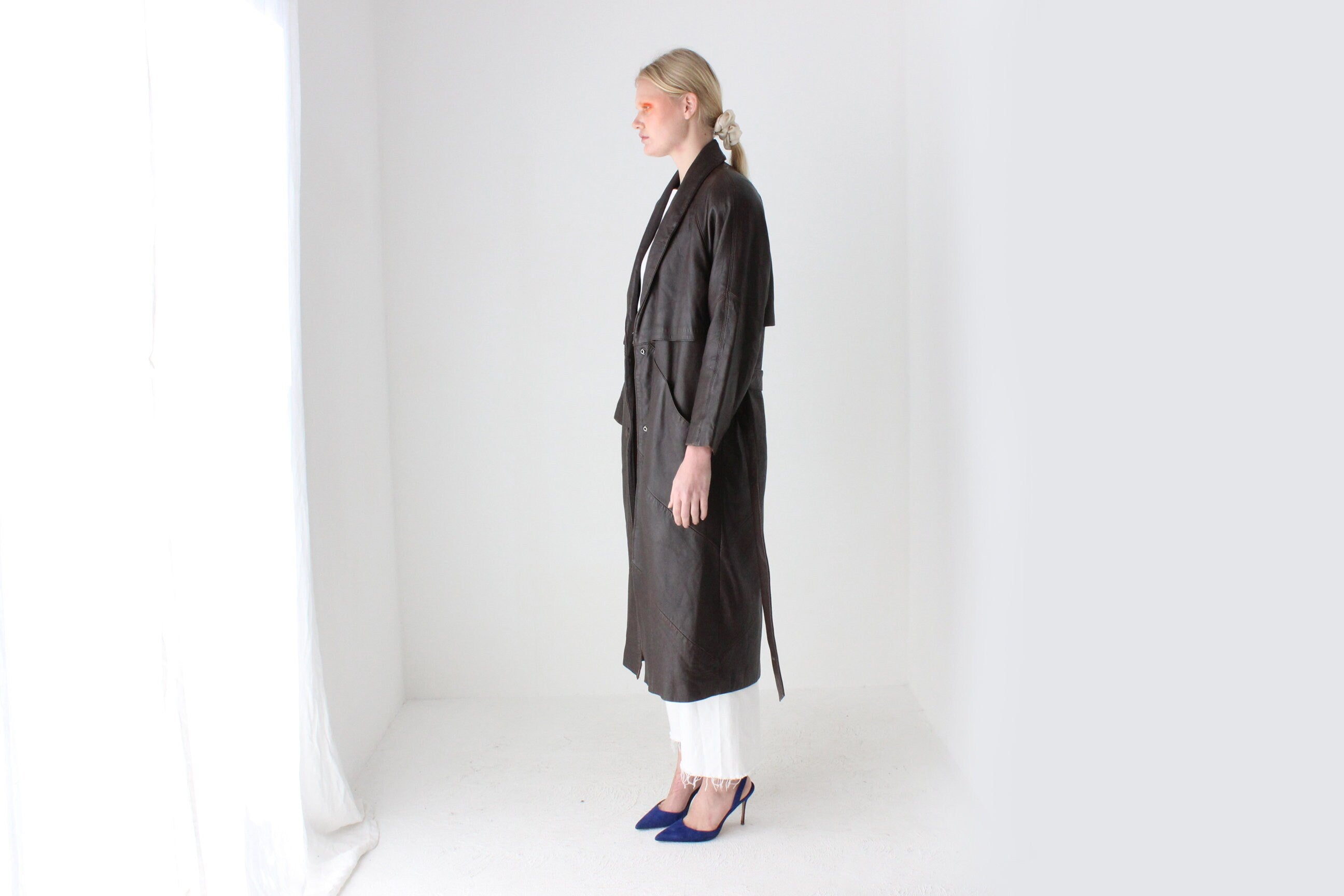 80s Bold Shoulder Chocolate Leather Trench Coat