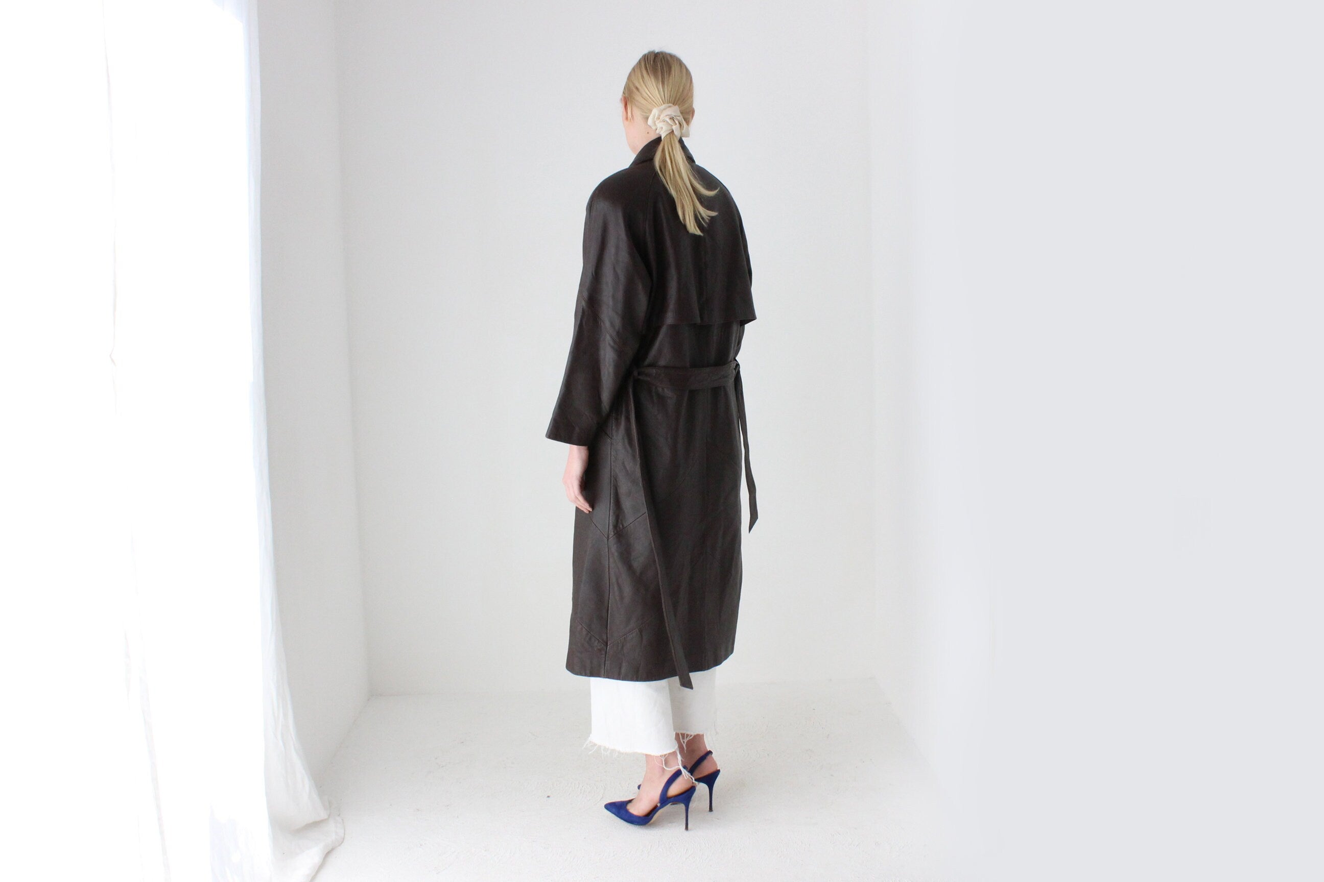 80s Bold Shoulder Chocolate Leather Trench Coat