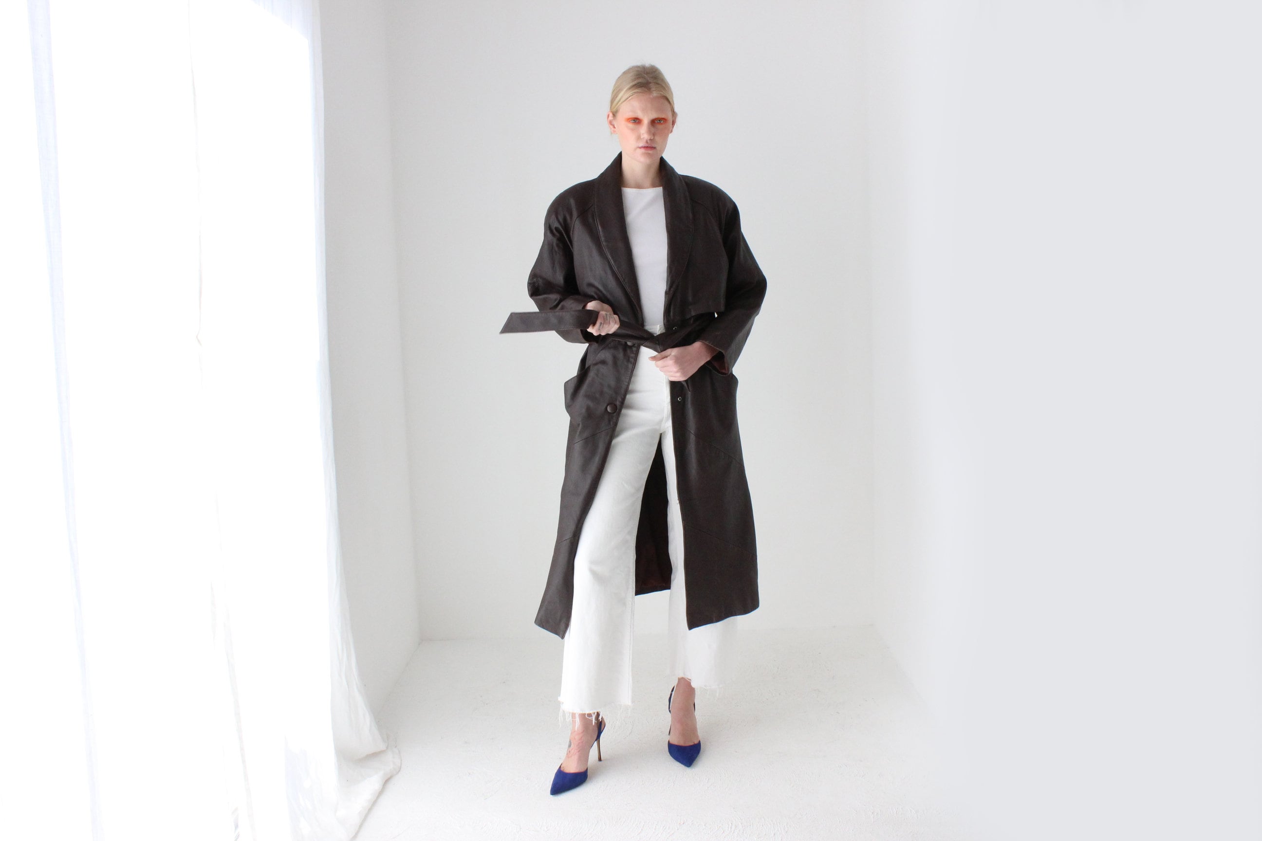 80s Bold Shoulder Chocolate Leather Trench Coat