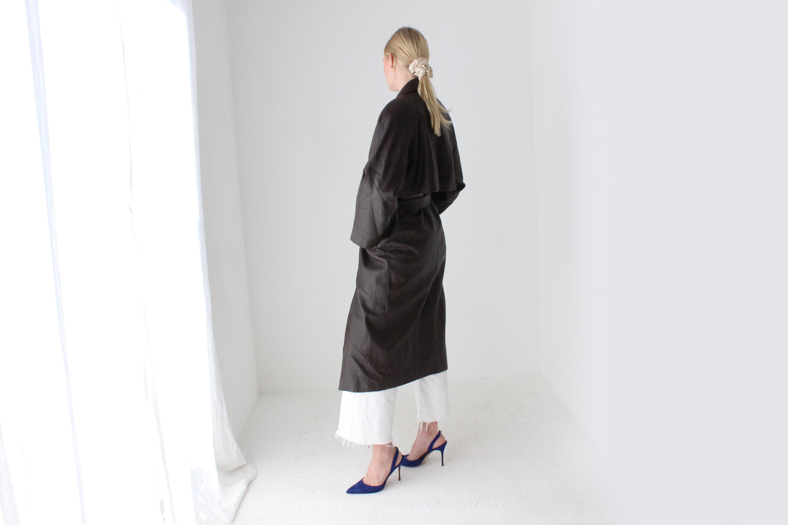 80s Bold Shoulder Chocolate Leather Trench Coat