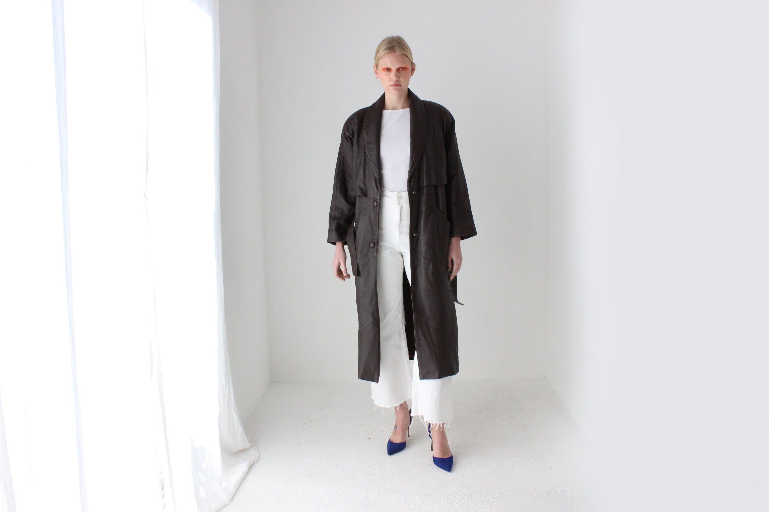 80s Bold Shoulder Chocolate Leather Trench Coat