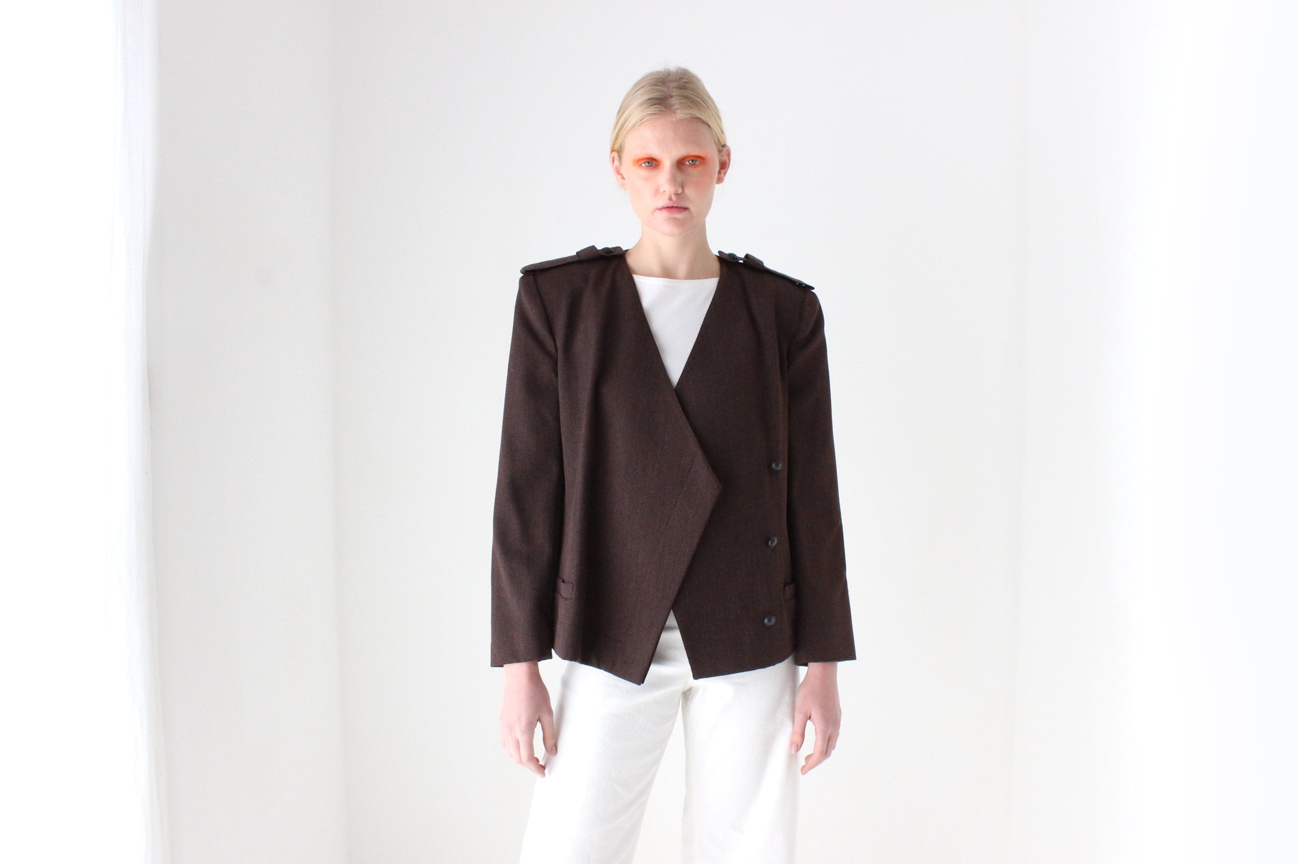 90s Krizia Italy Chocolate Wool Twill Asymmetric Abstract Blazer Jacket
