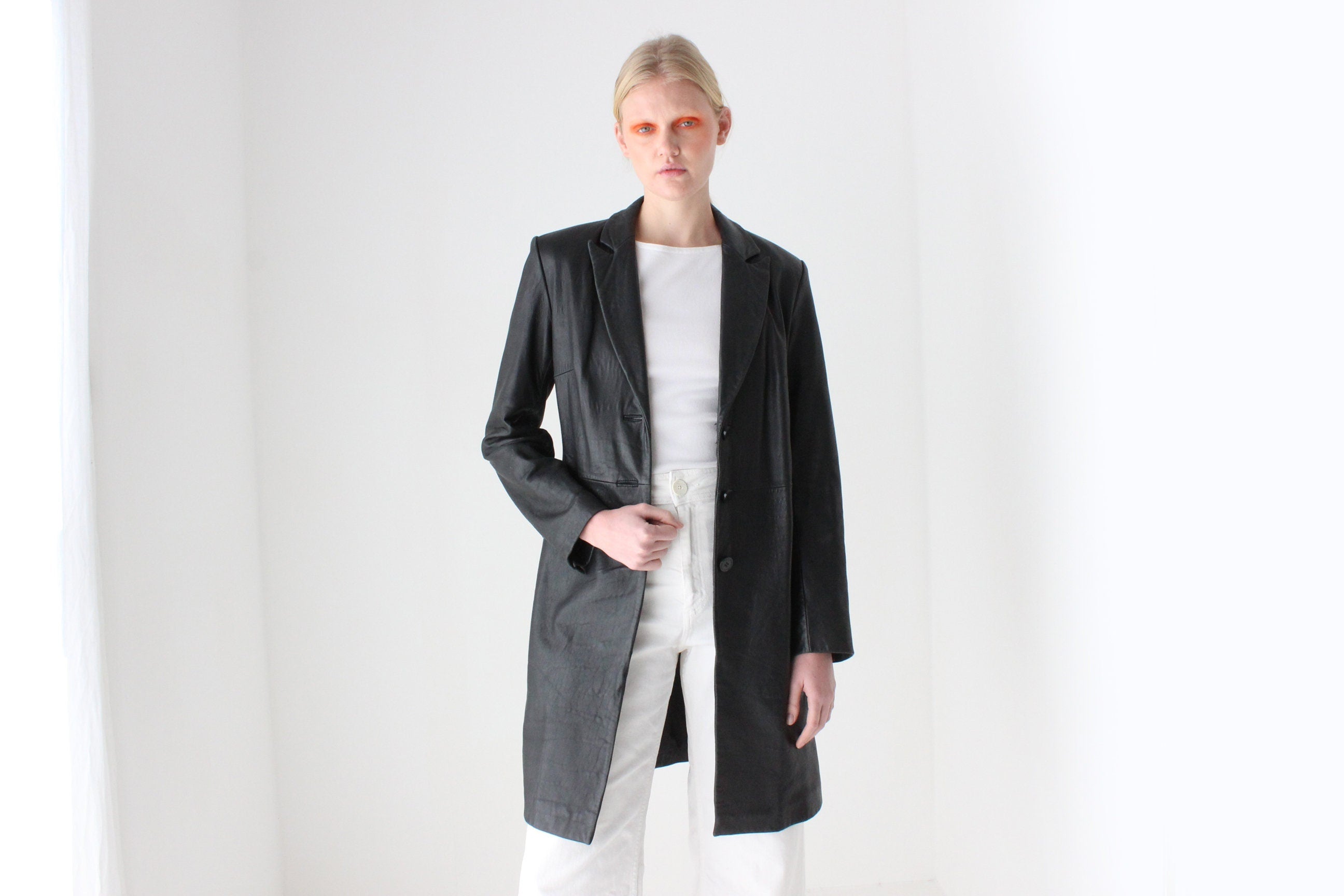 90s Longline Leather Button Up Coat