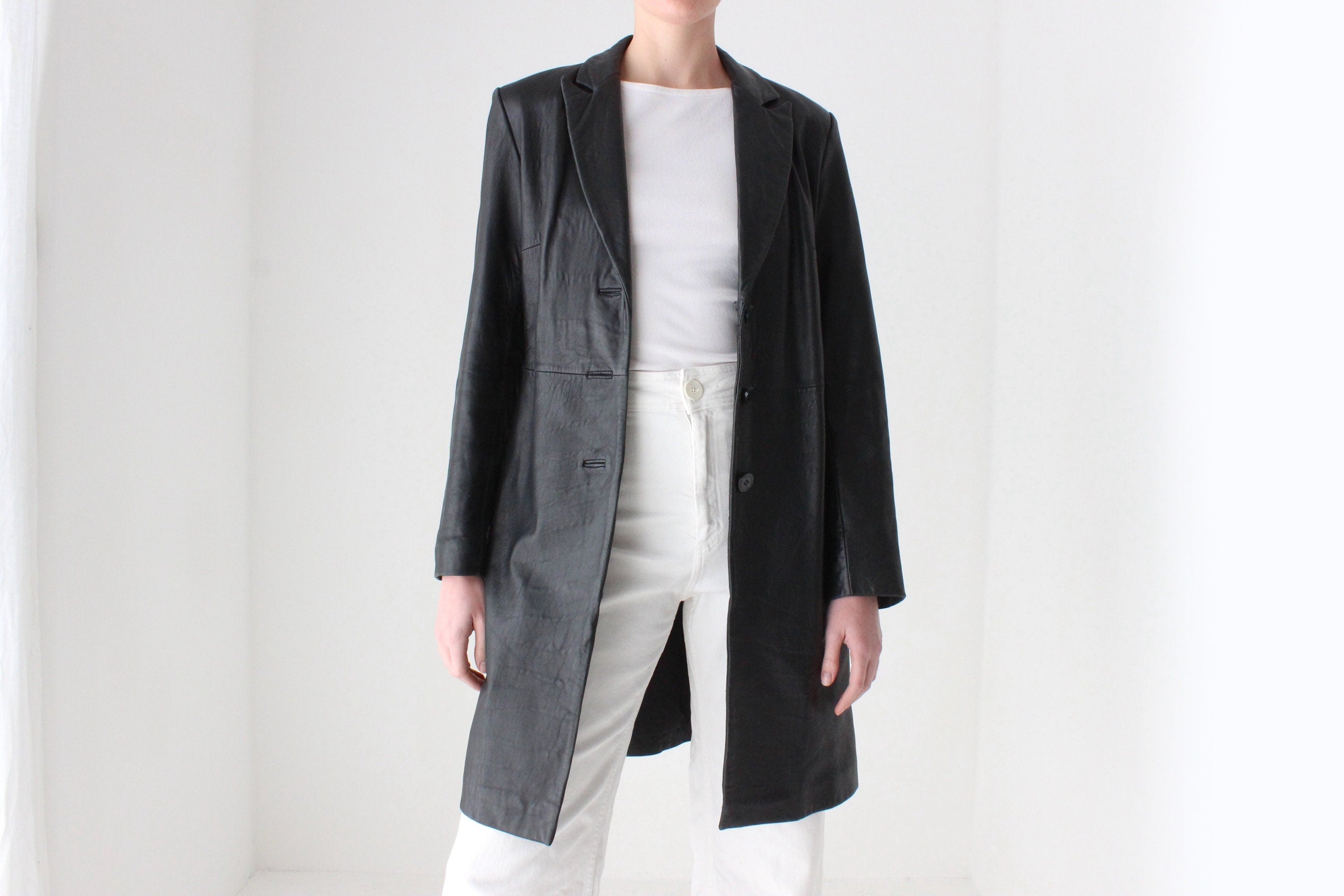 90s Longline Leather Button Up Coat