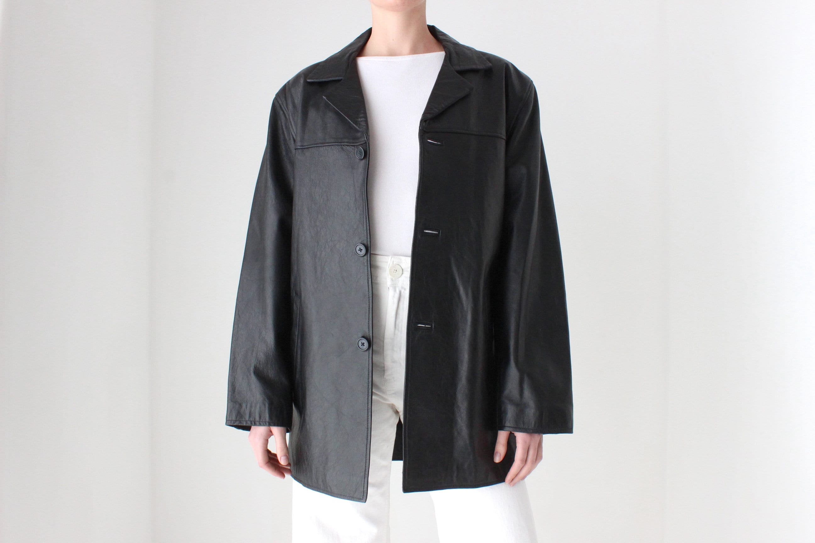 90s Black Leather SIRICCO Boxy, Minimal Button Up