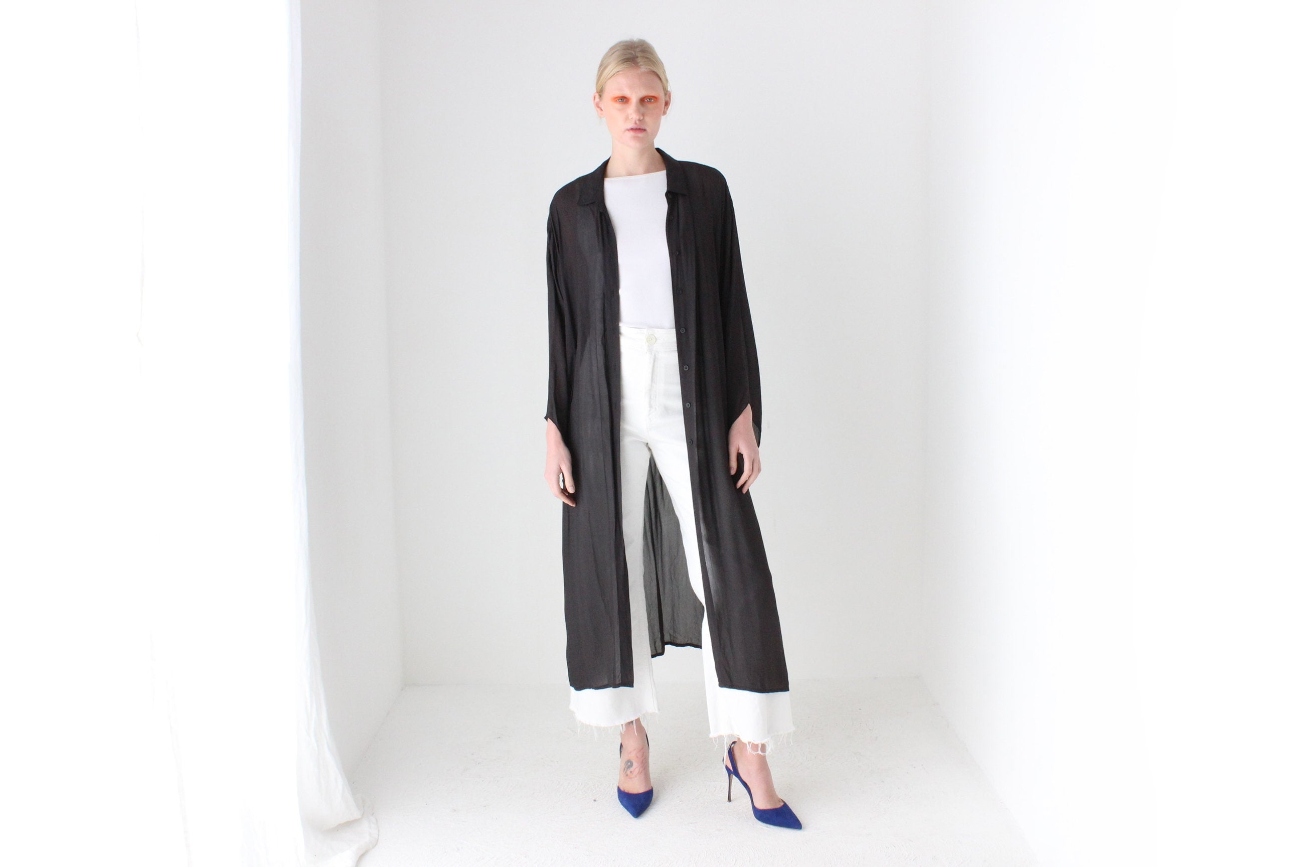 90s Black Sheer Viscose Gauze Floaty Full Length Duster