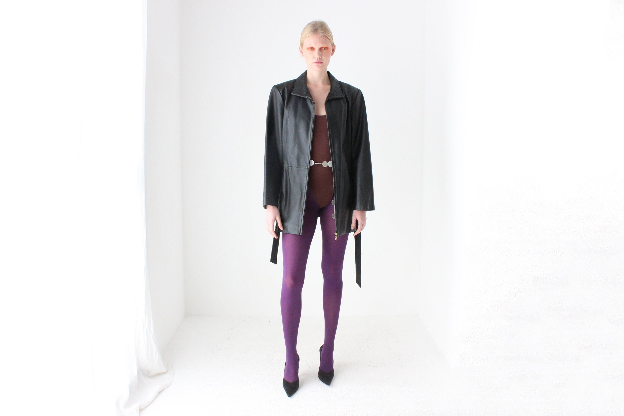 90s Leather Black Classic Minimal Zip Front Jacket w/ Waist Tie