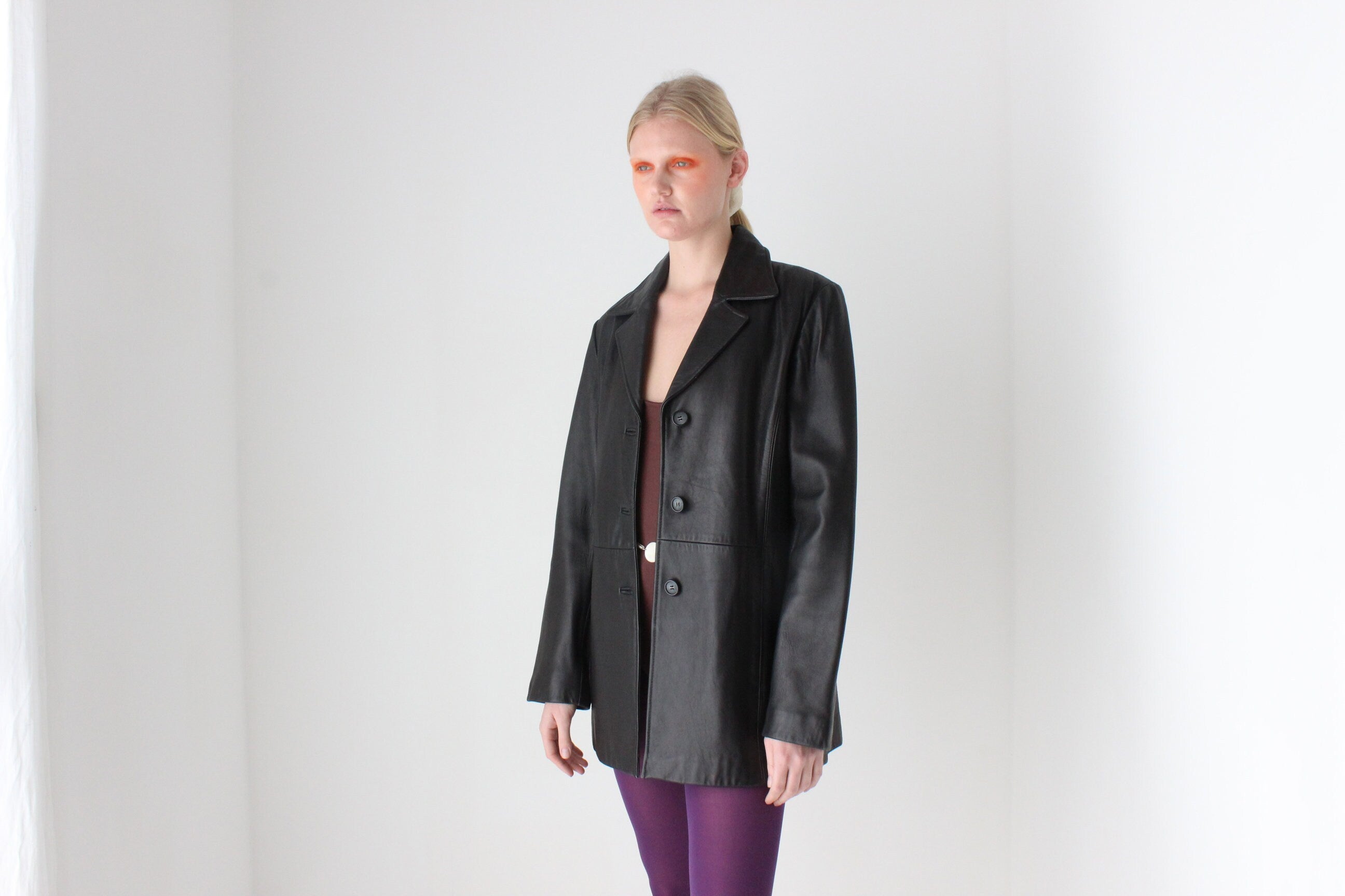90s Jacqueline Farrer Lambskin Leather Classic Button Up Coat