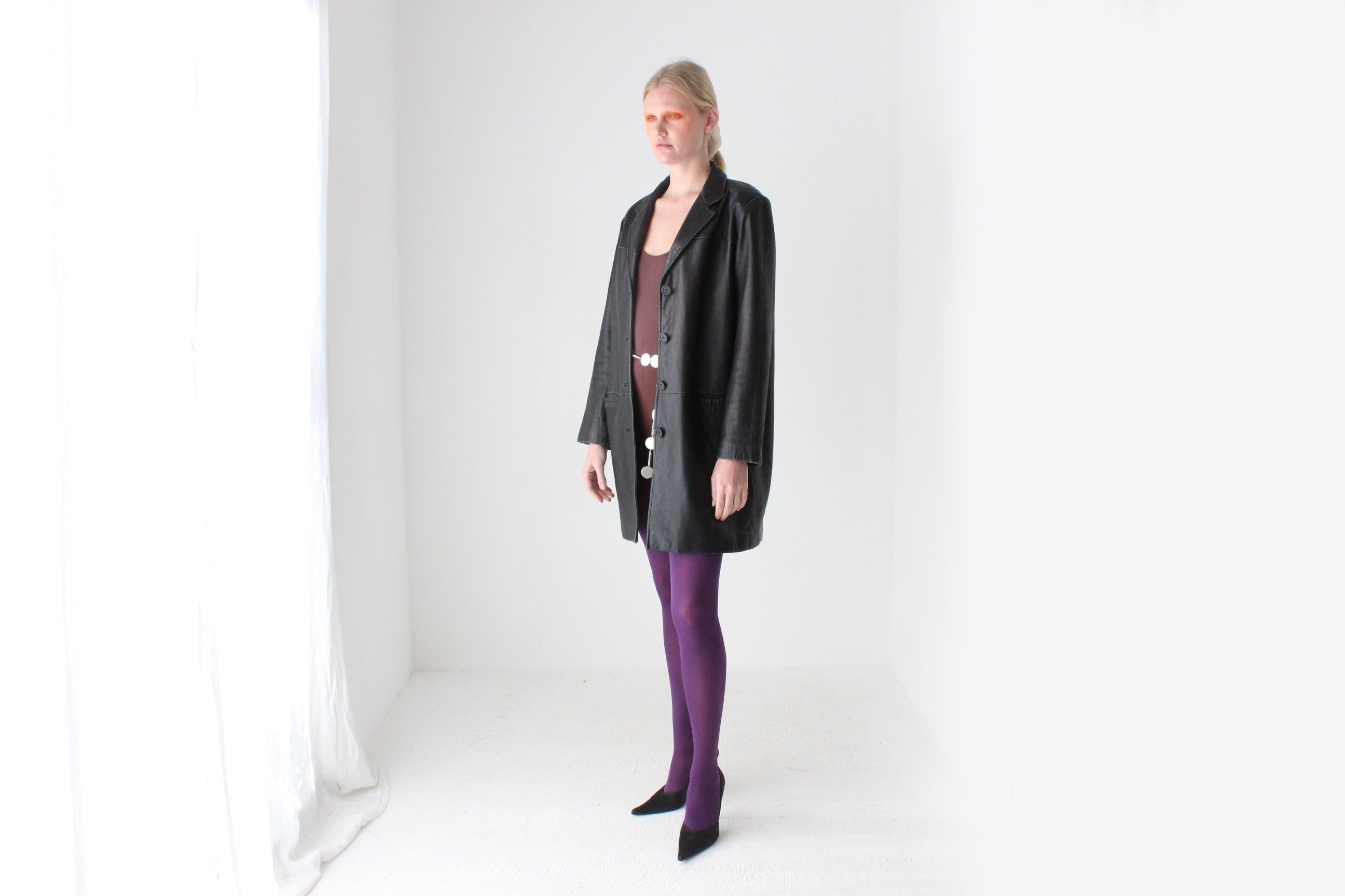 90s Adler Softest Lambskin Leather Classic Minimal Button Up Coat