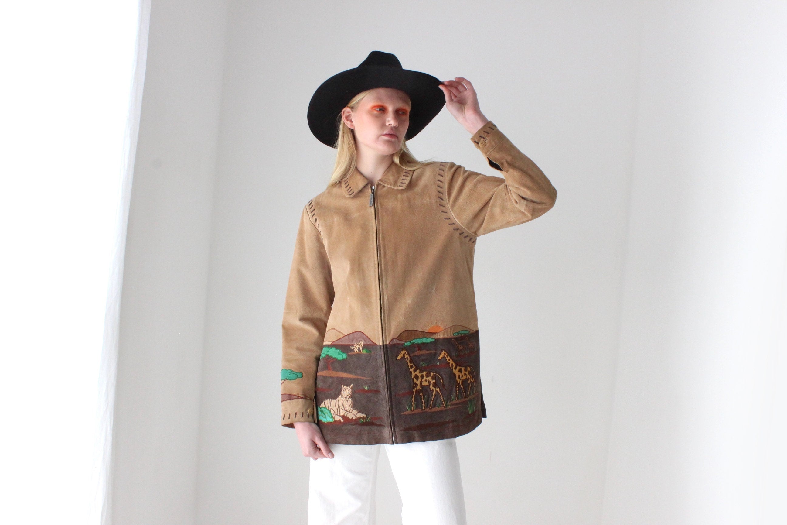 Delightful 90s Suede Safari Scenery Zip Front Jacket