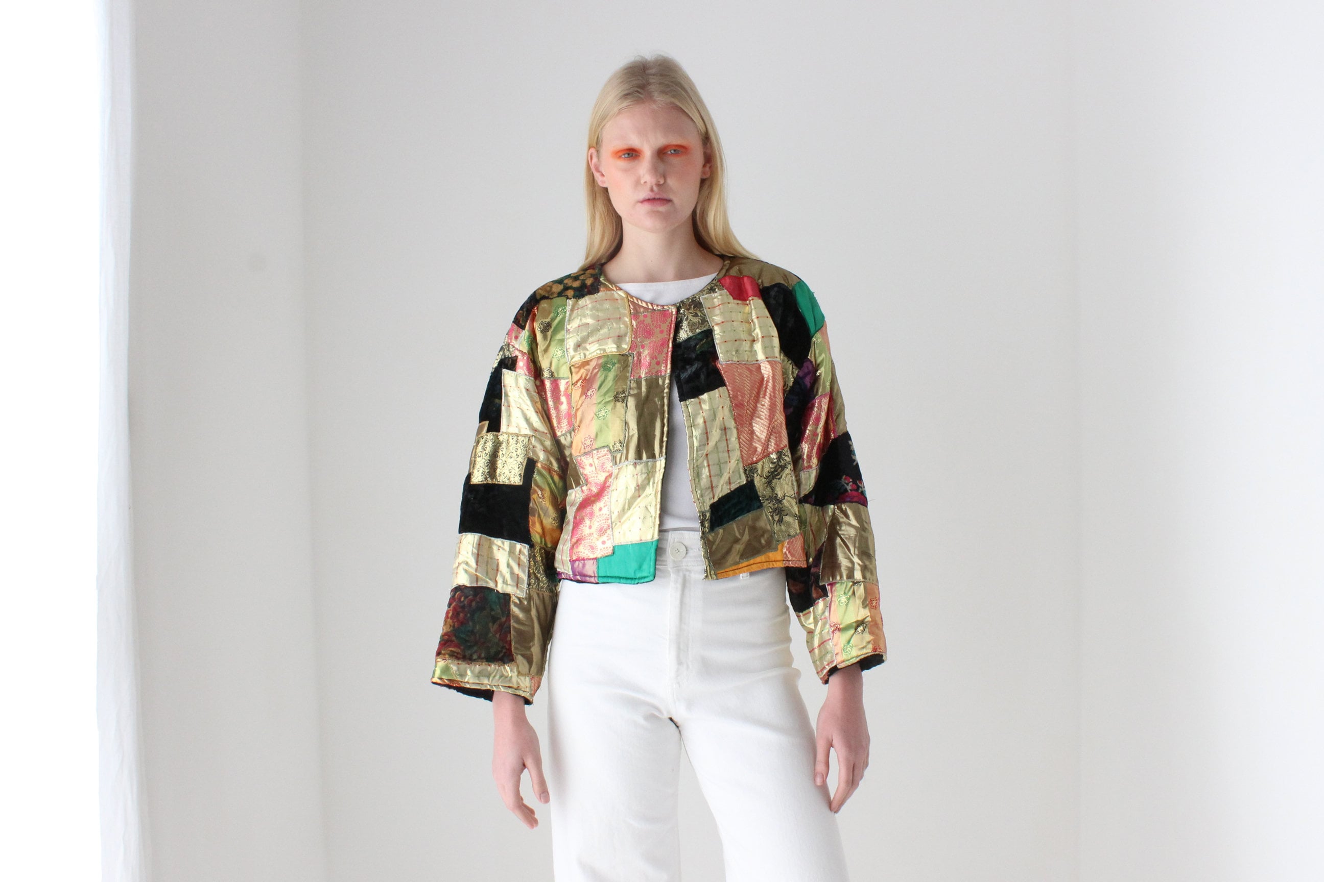80s Metallic Patchwork Rayon Quilted Cropped Kimono Jacket