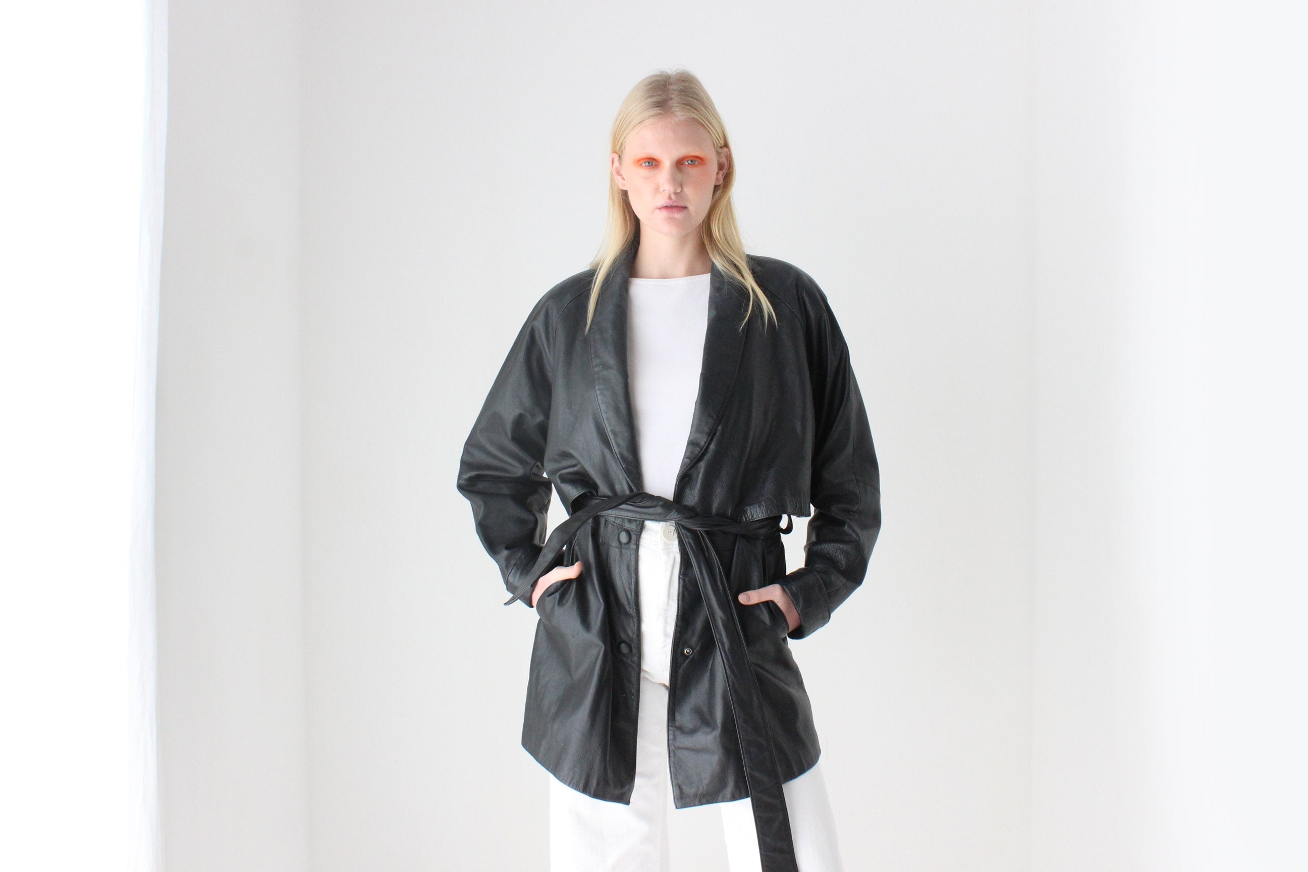 Chic 80s Leather Tie Waist Shawl Collar Belted Coat