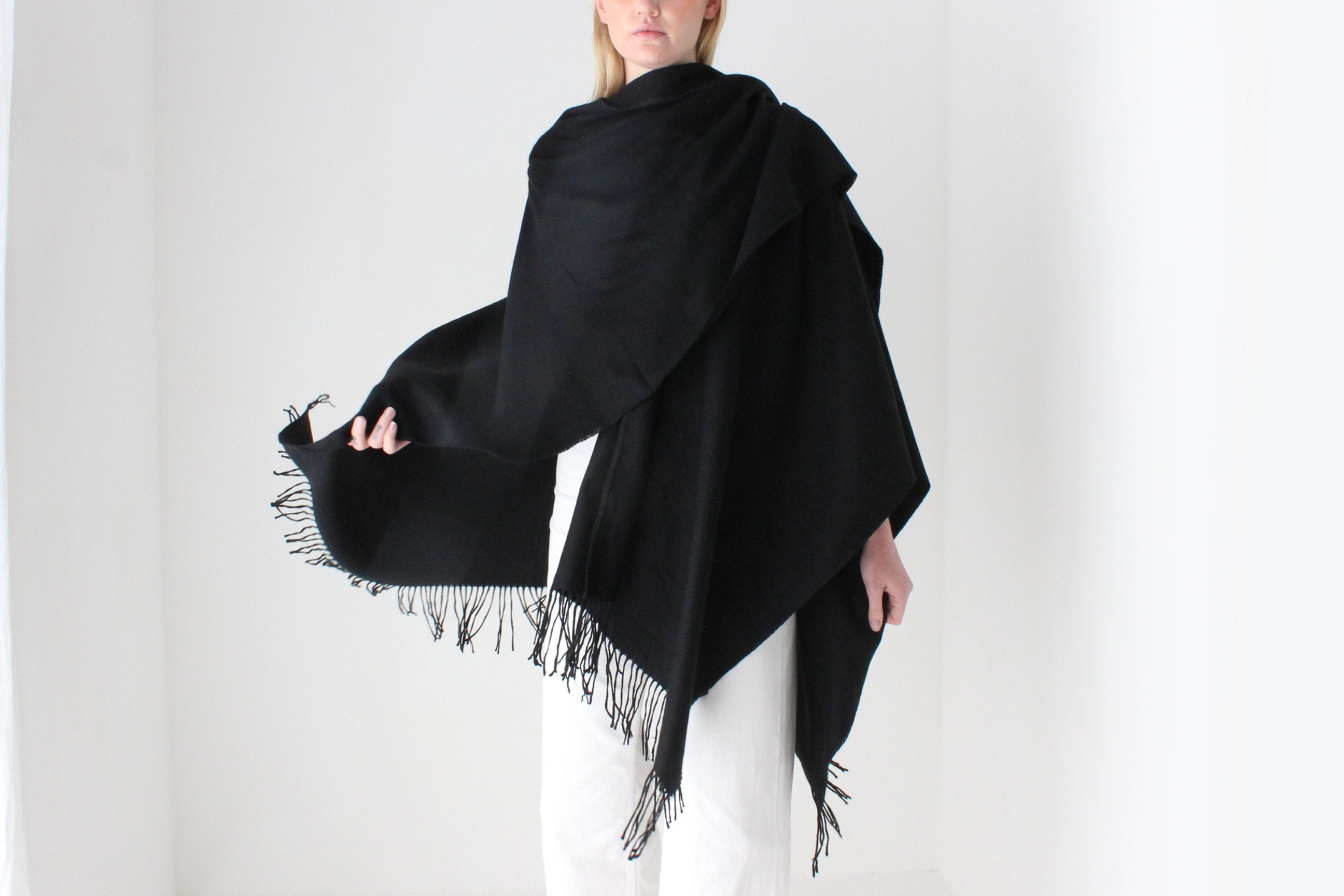 2000s Deadstock Ink Black Wool Blend Free Size Shawl Wrap