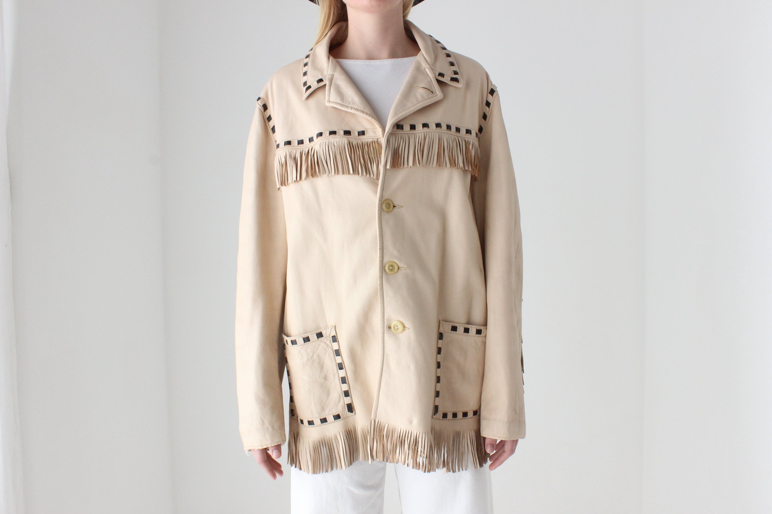 70s Camp Cowboy Leather Fringe Boxy Western Jacket
